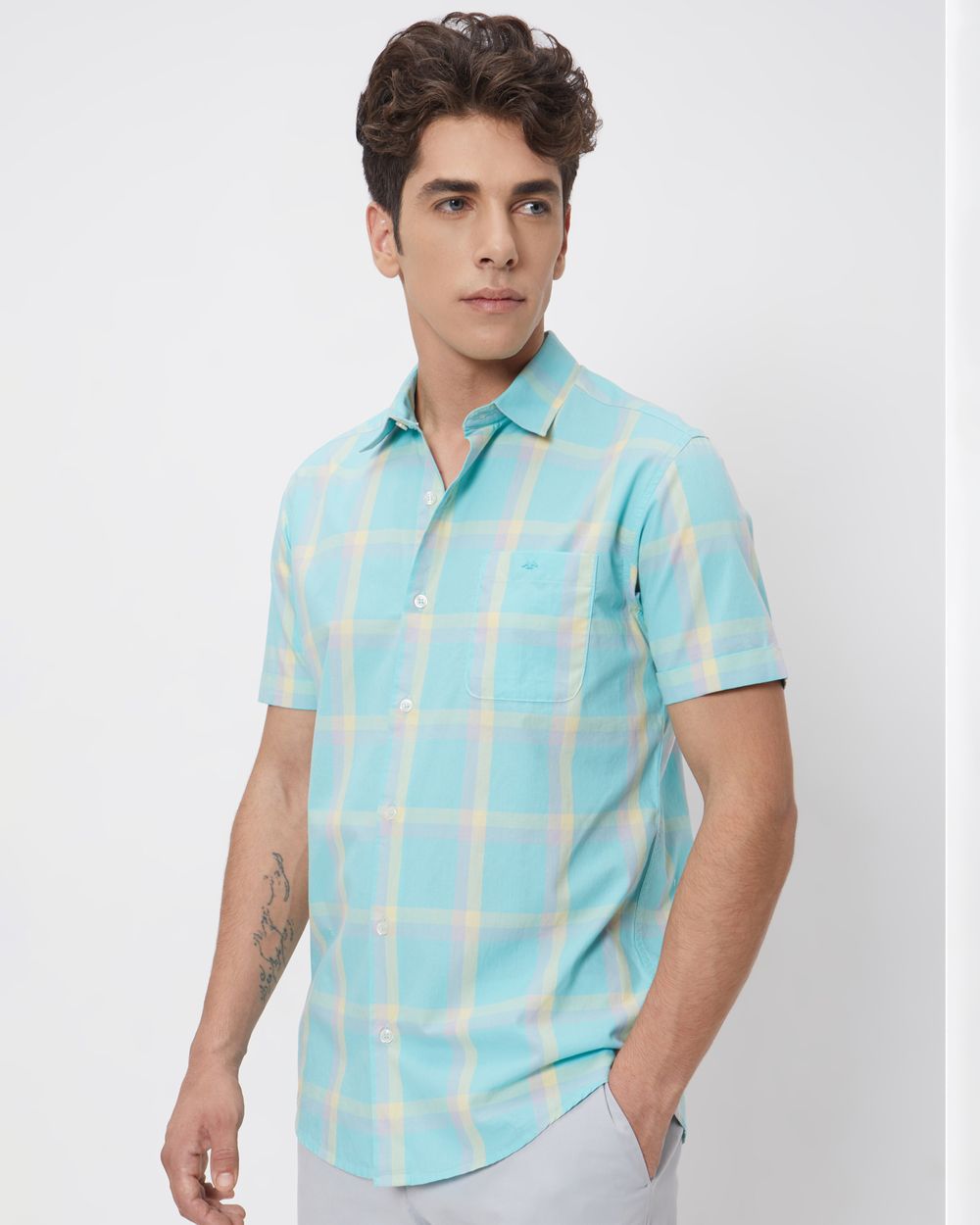 Turquoise Large Check Slim Fit Casual Shirt