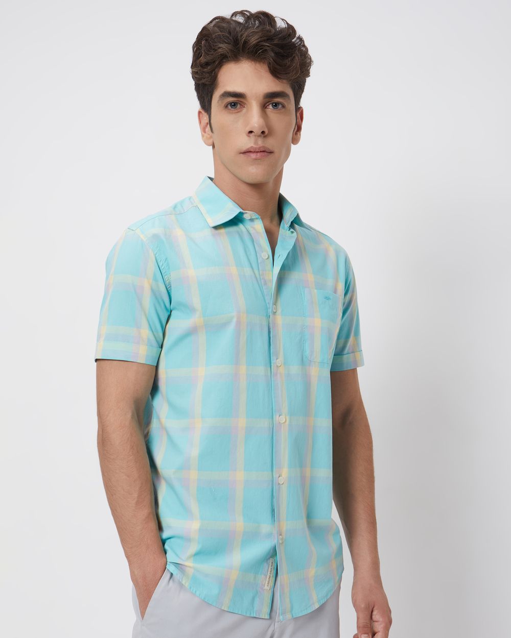 Turquoise Large Check Slim Fit Casual Shirt