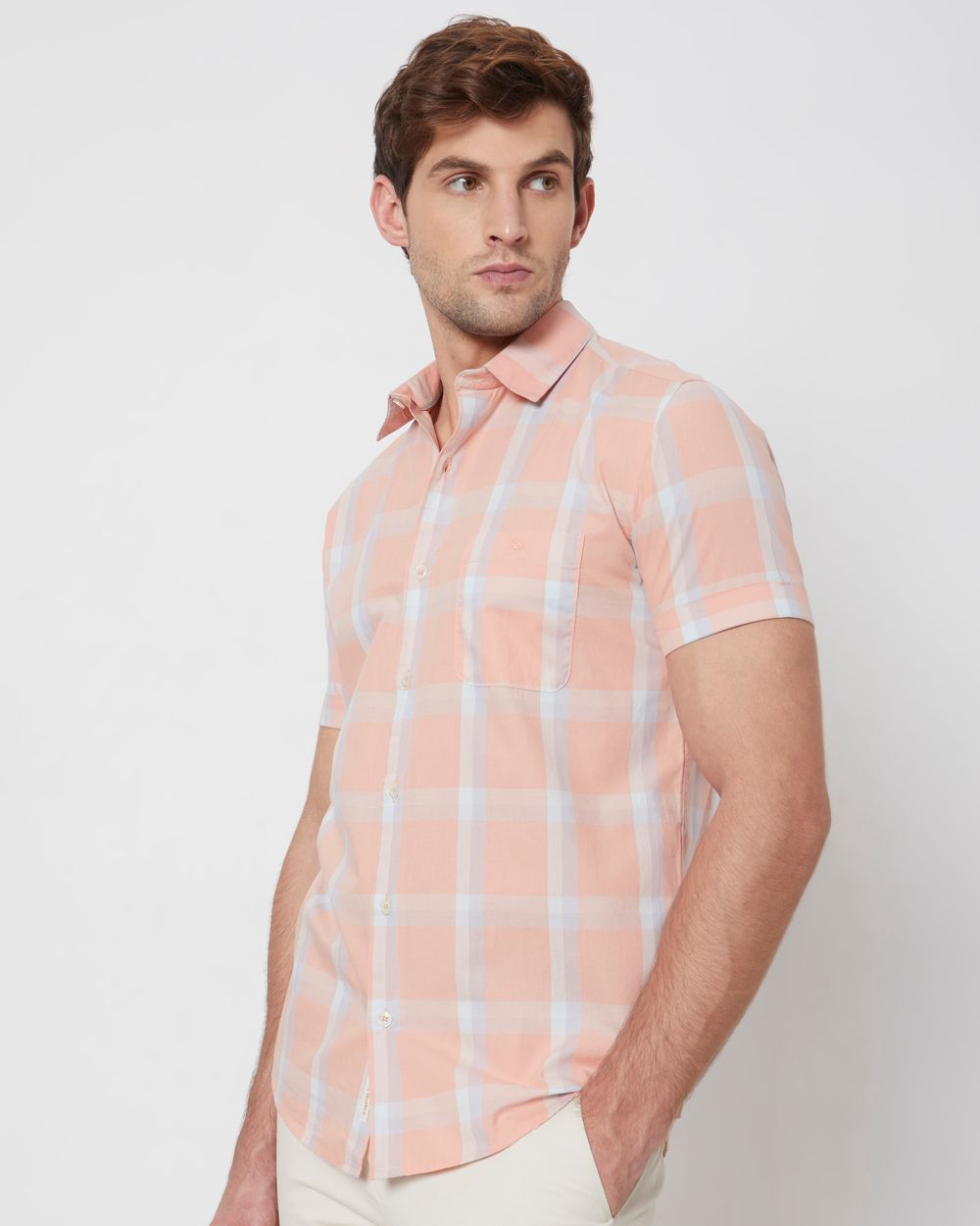 Peach Large Check Slim Fit Casual Shirt