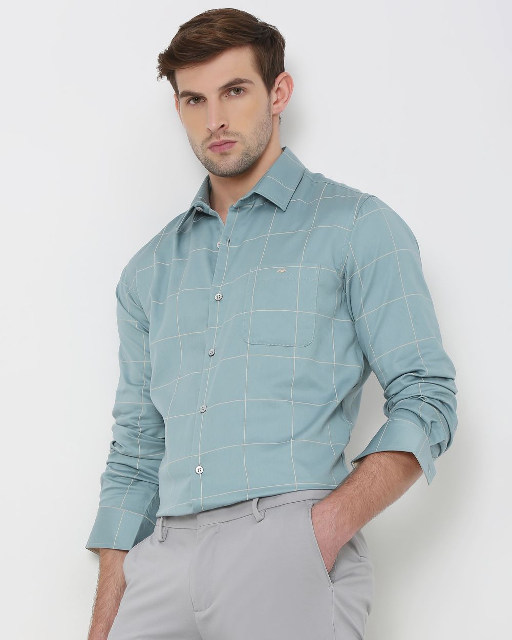 Blue & White Windowpane Check Slim Fit Casual Shirt