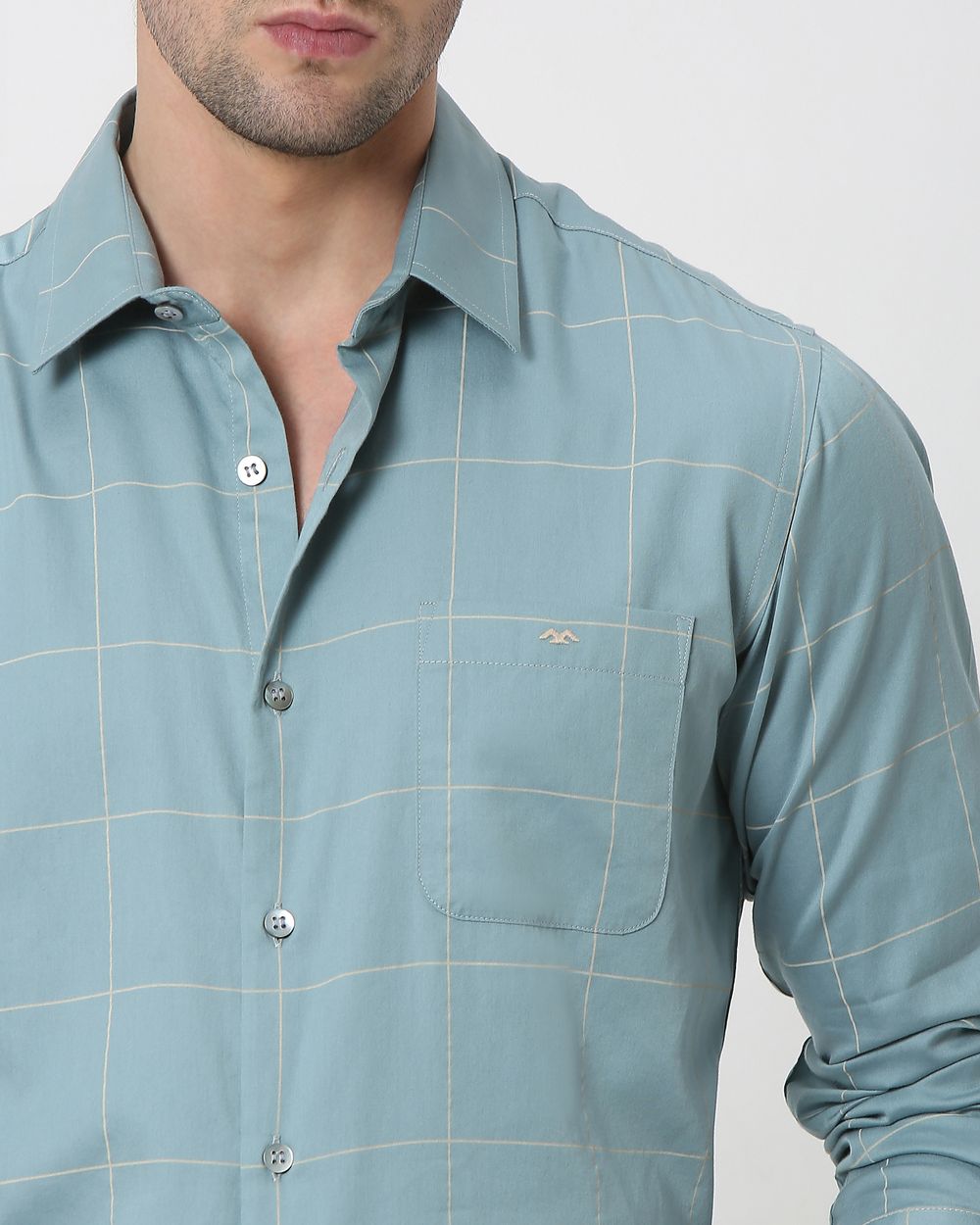 Blue & White Windowpane Check Slim Fit Casual Shirt