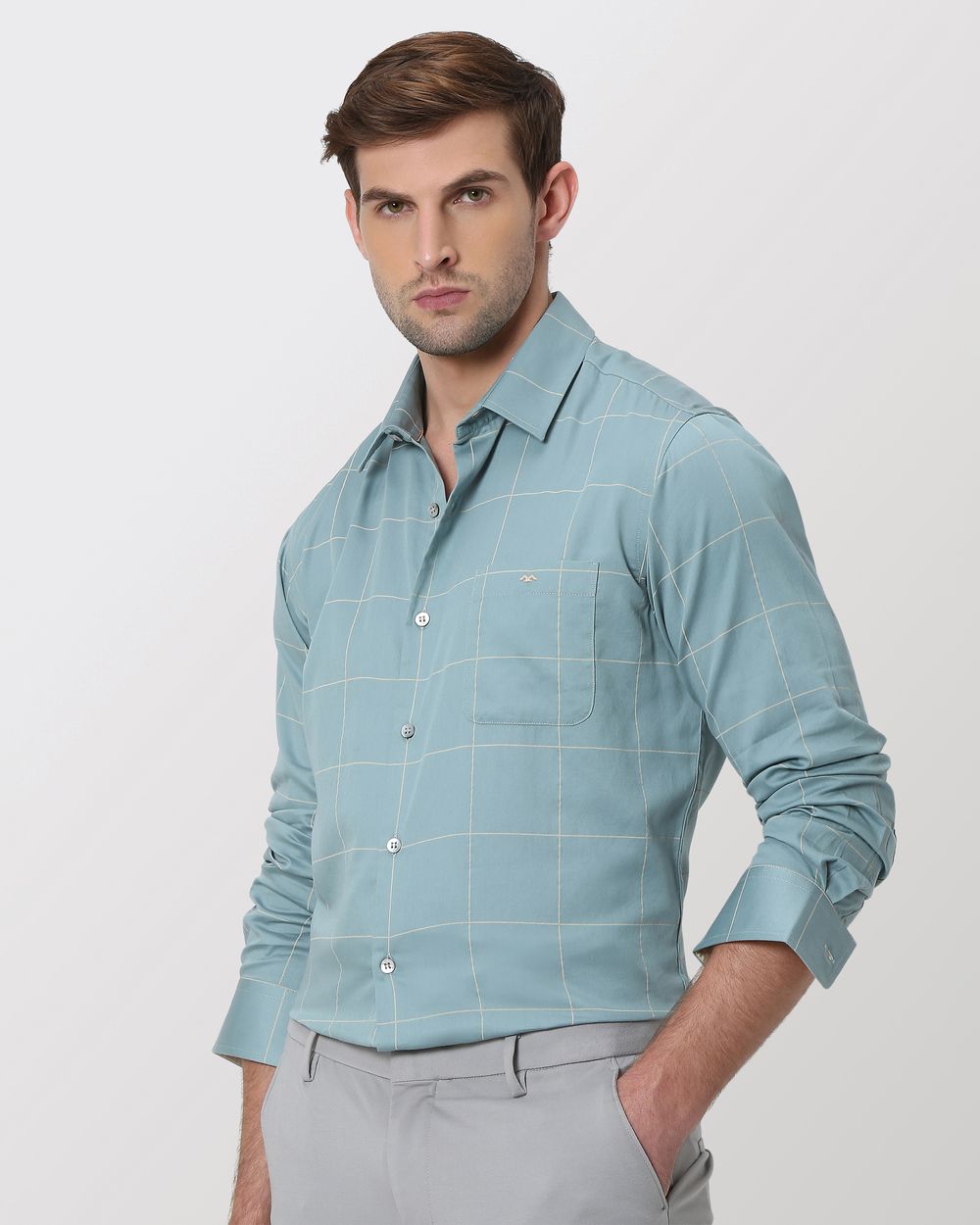 Blue & White Windowpane Check Slim Fit Casual Shirt