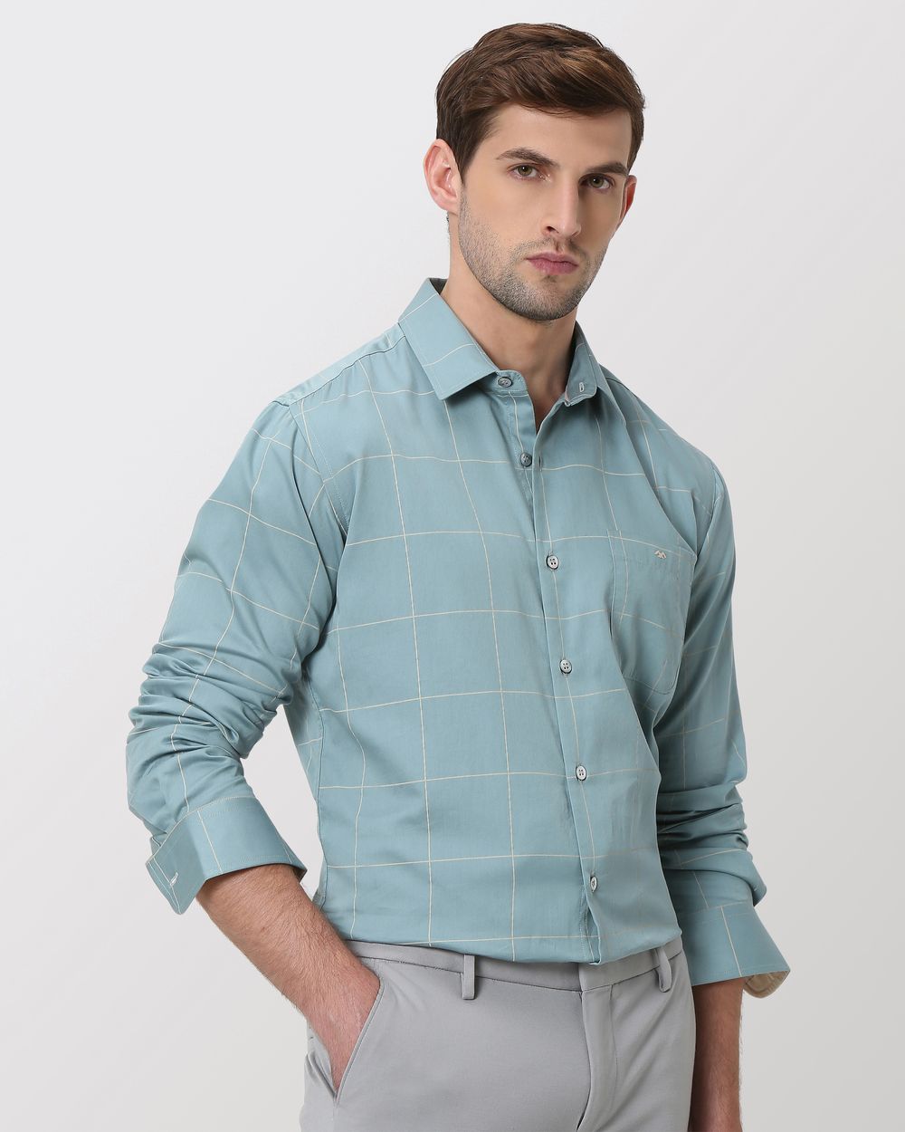 Blue & White Windowpane Check Slim Fit Casual Shirt