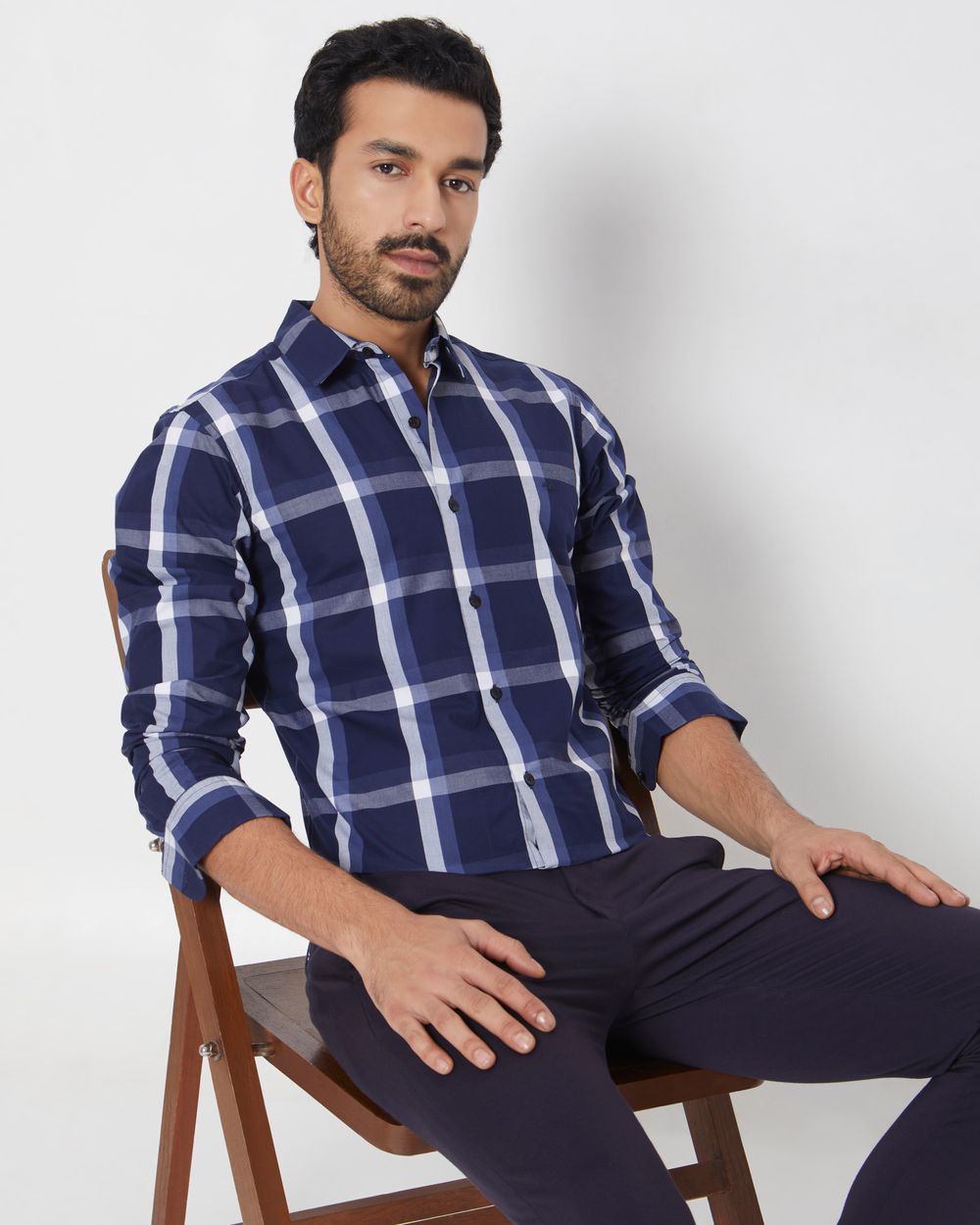 Navy Windowpane Check Slim Fit Casual Shirt
