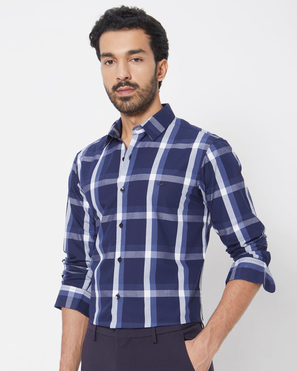 Navy Windowpane Check Slim Fit Casual Shirt