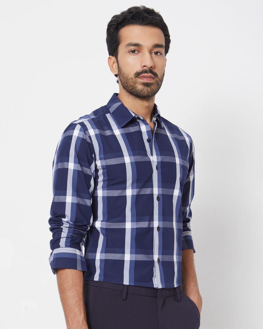 Navy Windowpane Check Slim Fit Casual Shirt