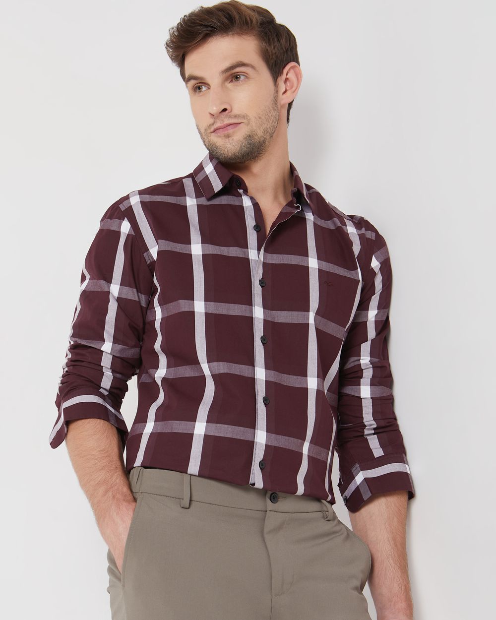 Maroon Large Check Slim Fit Casual Shirt