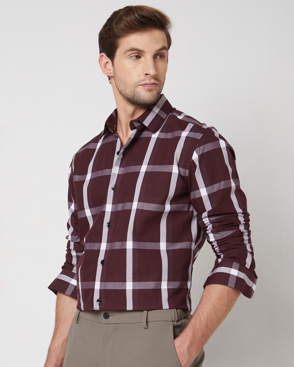 Maroon Large Check Slim Fit Casual Shirt