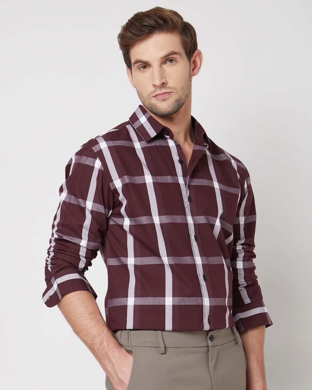 Maroon Large Check Slim Fit Casual Shirt