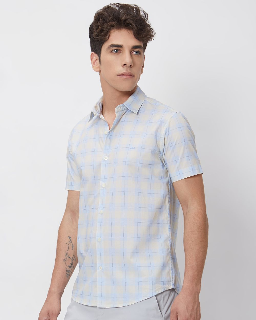 Light Blue Large Check Slim Fit Casual Shirt