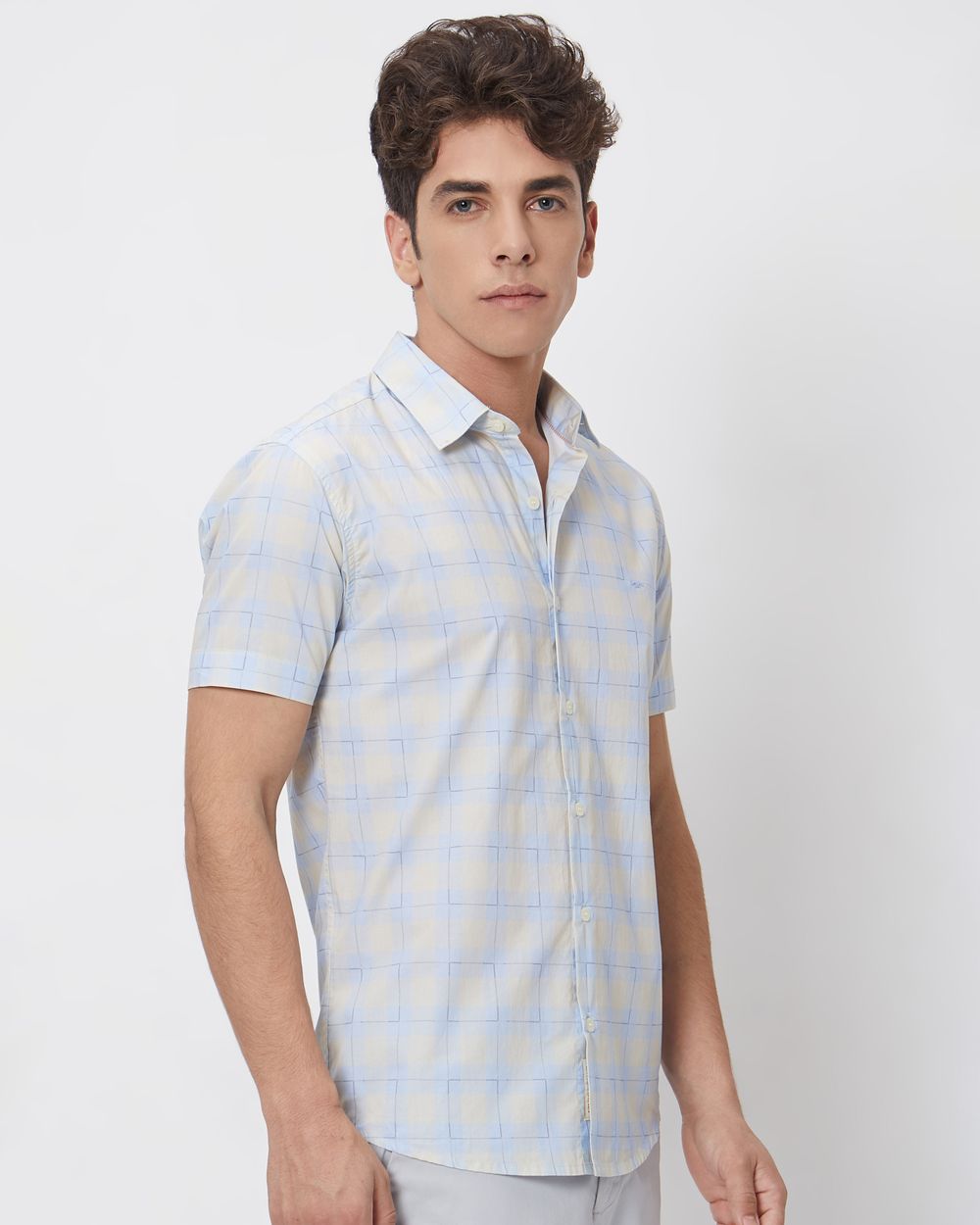 Light Blue Large Check Slim Fit Casual Shirt