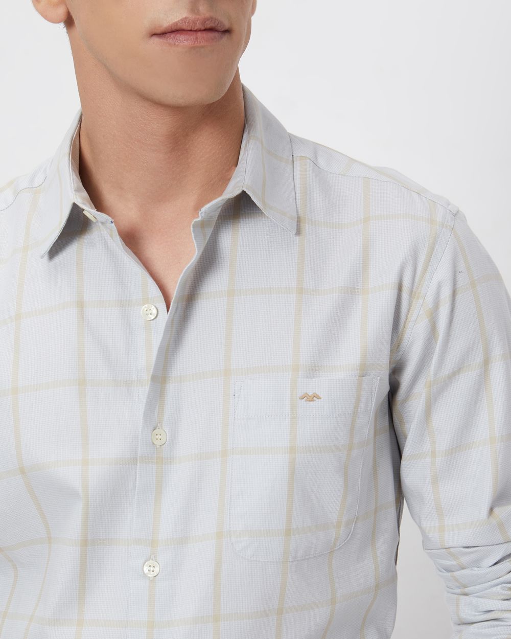 Light Grey Windowpane Check Slim Fit Casual Shirt
