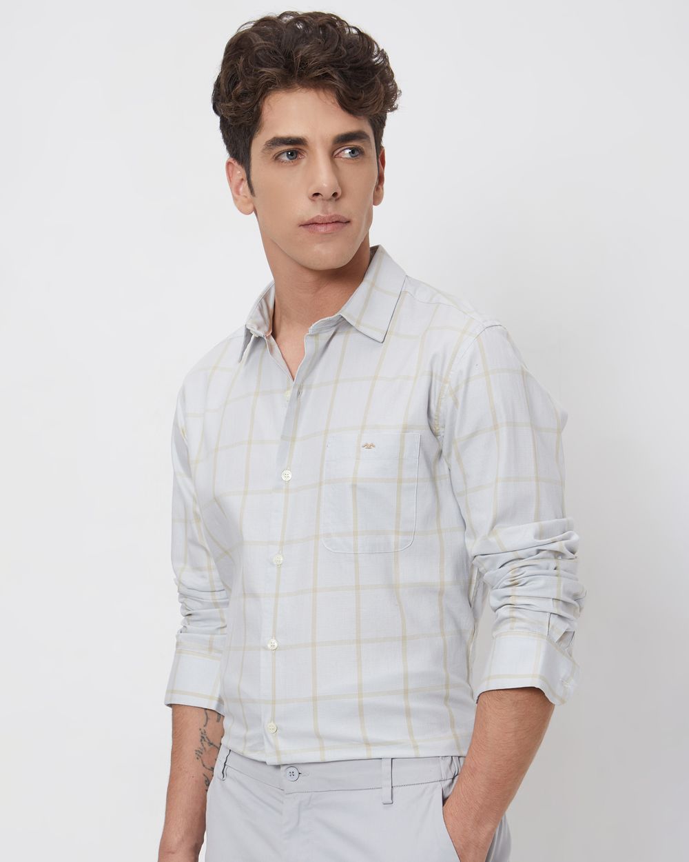 Light Grey Windowpane Check Slim Fit Casual Shirt