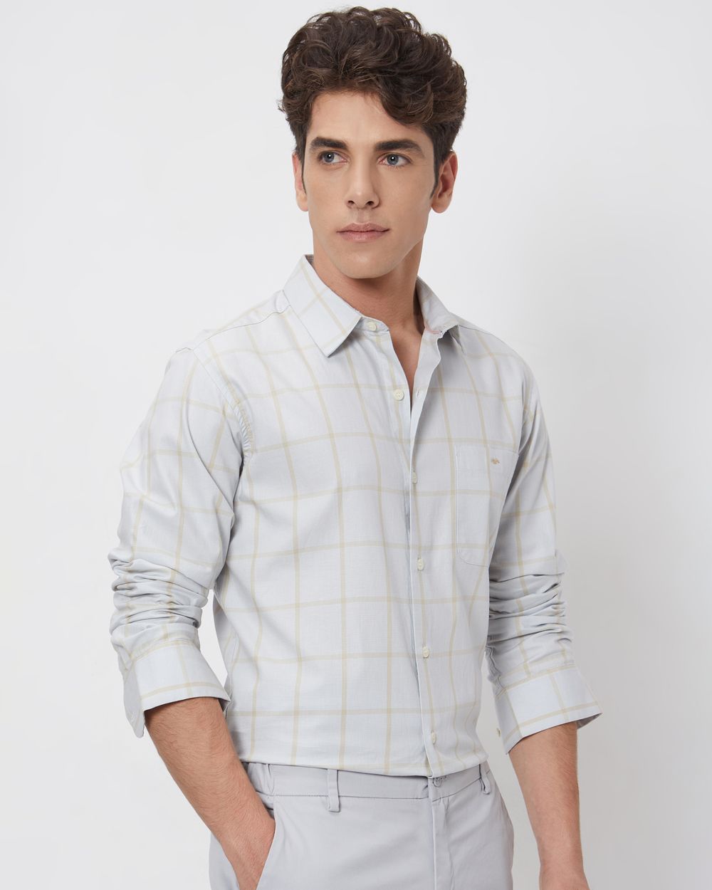 Light Grey Windowpane Check Slim Fit Casual Shirt