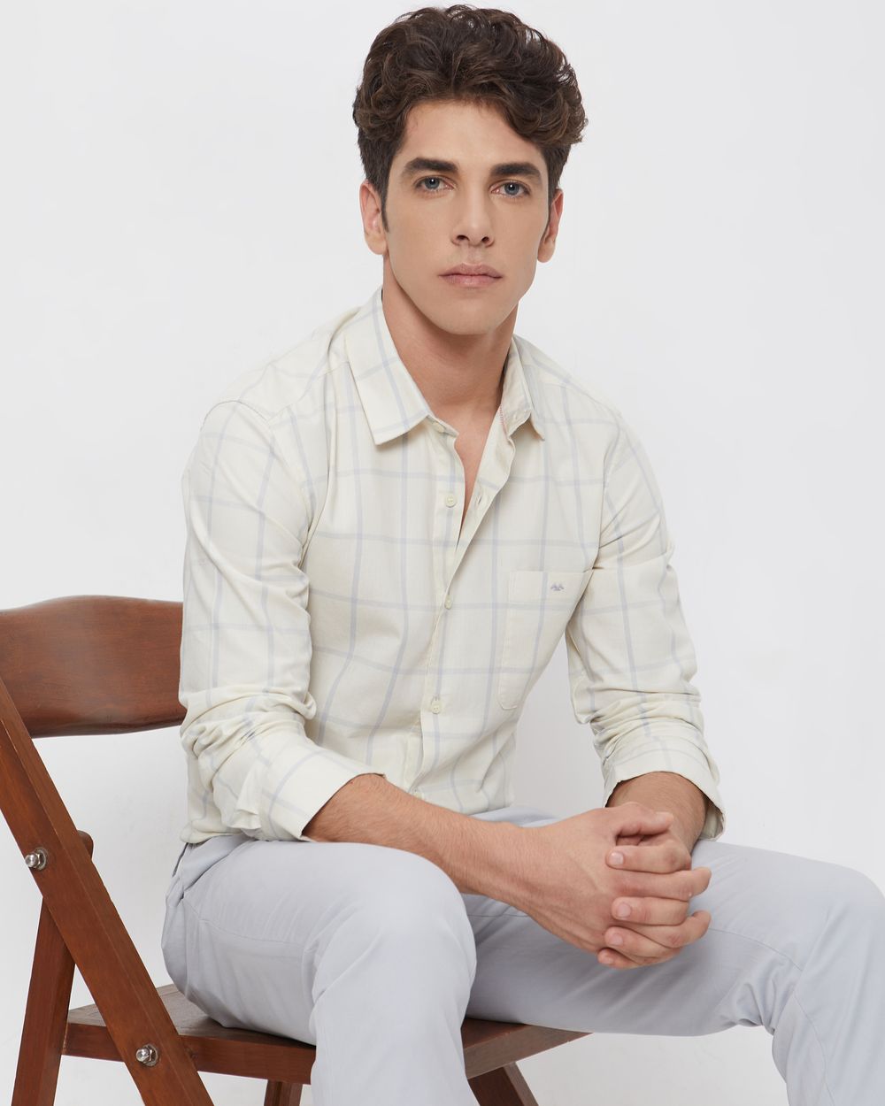 Beige Windowpane Check Slim Fit Casual Shirt