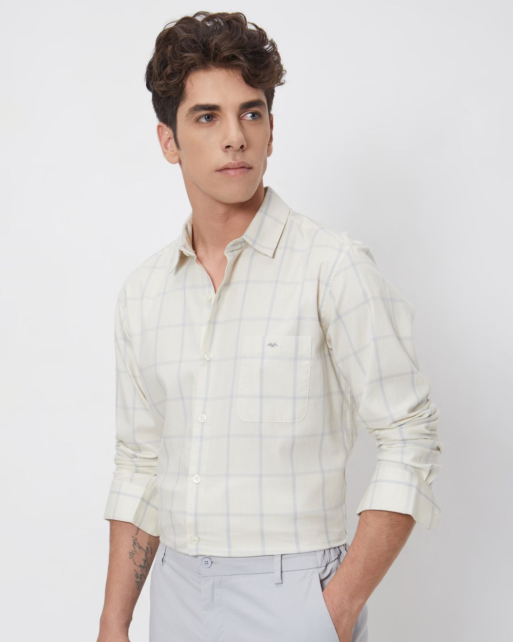 Beige Windowpane Check Slim Fit Casual Shirt
