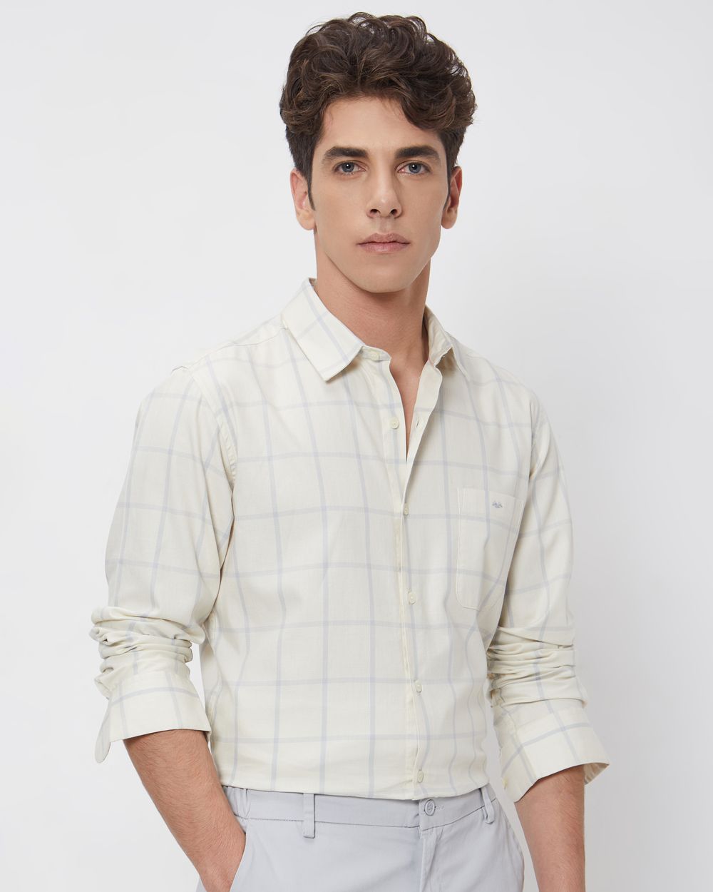 Beige Windowpane Check Slim Fit Casual Shirt