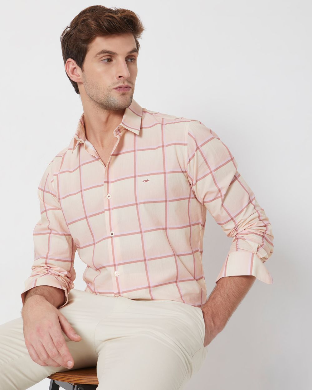 Peach & Light Yellow Printed Check Slim Fit Casual Shirt