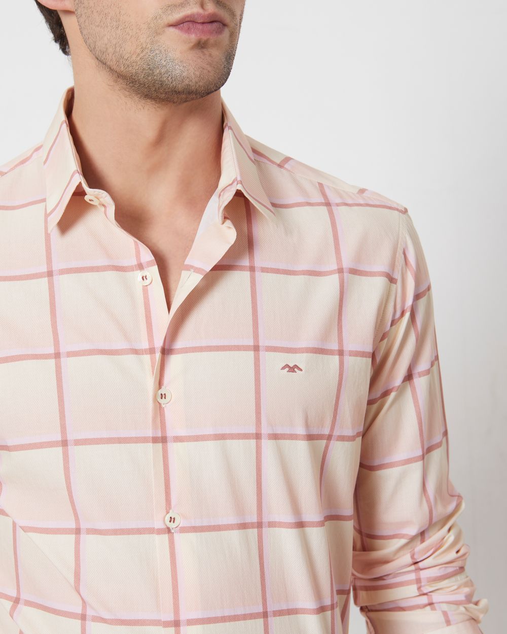 Peach & Light Yellow Printed Check Slim Fit Casual Shirt