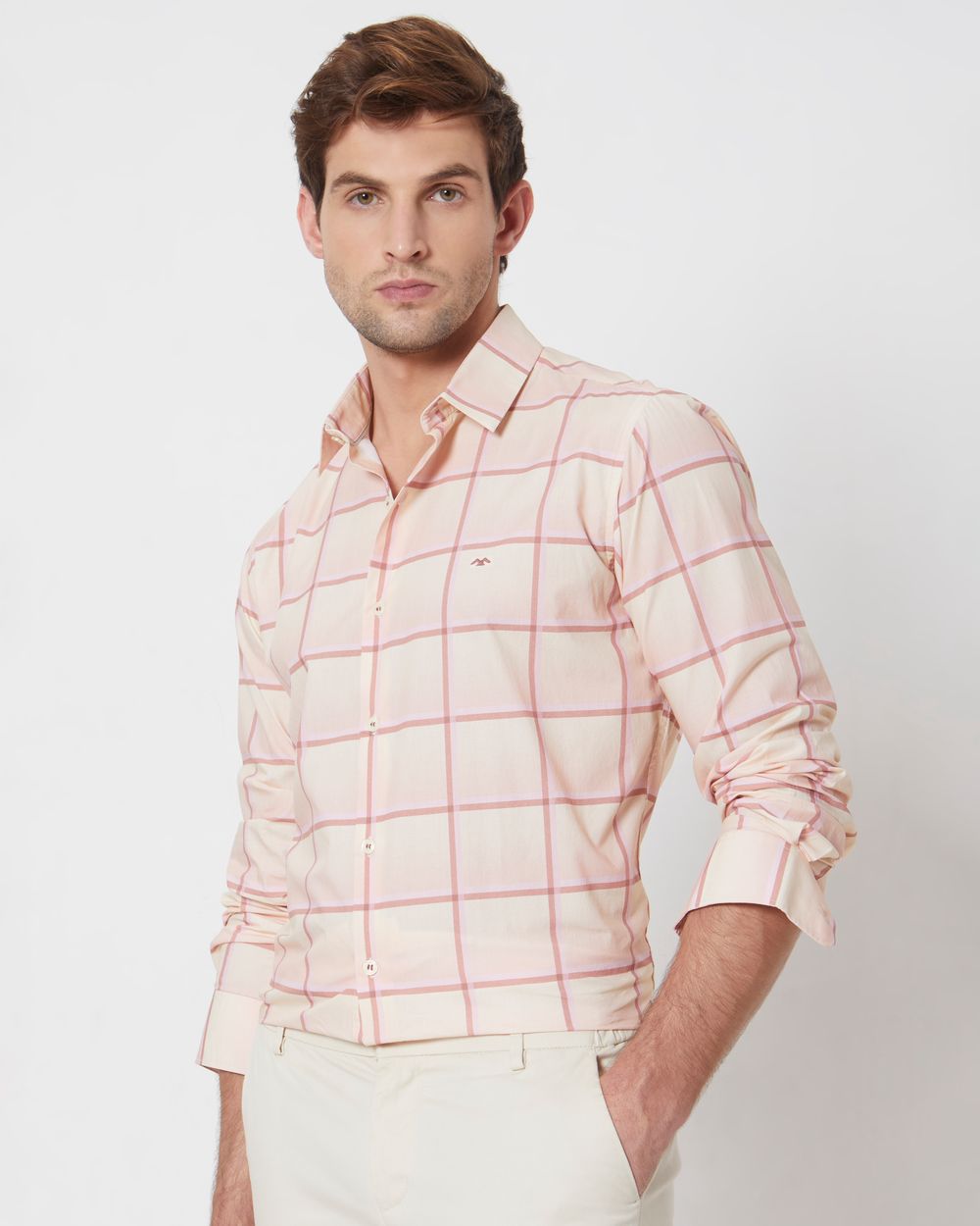 Peach & Light Yellow Printed Check Slim Fit Casual Shirt