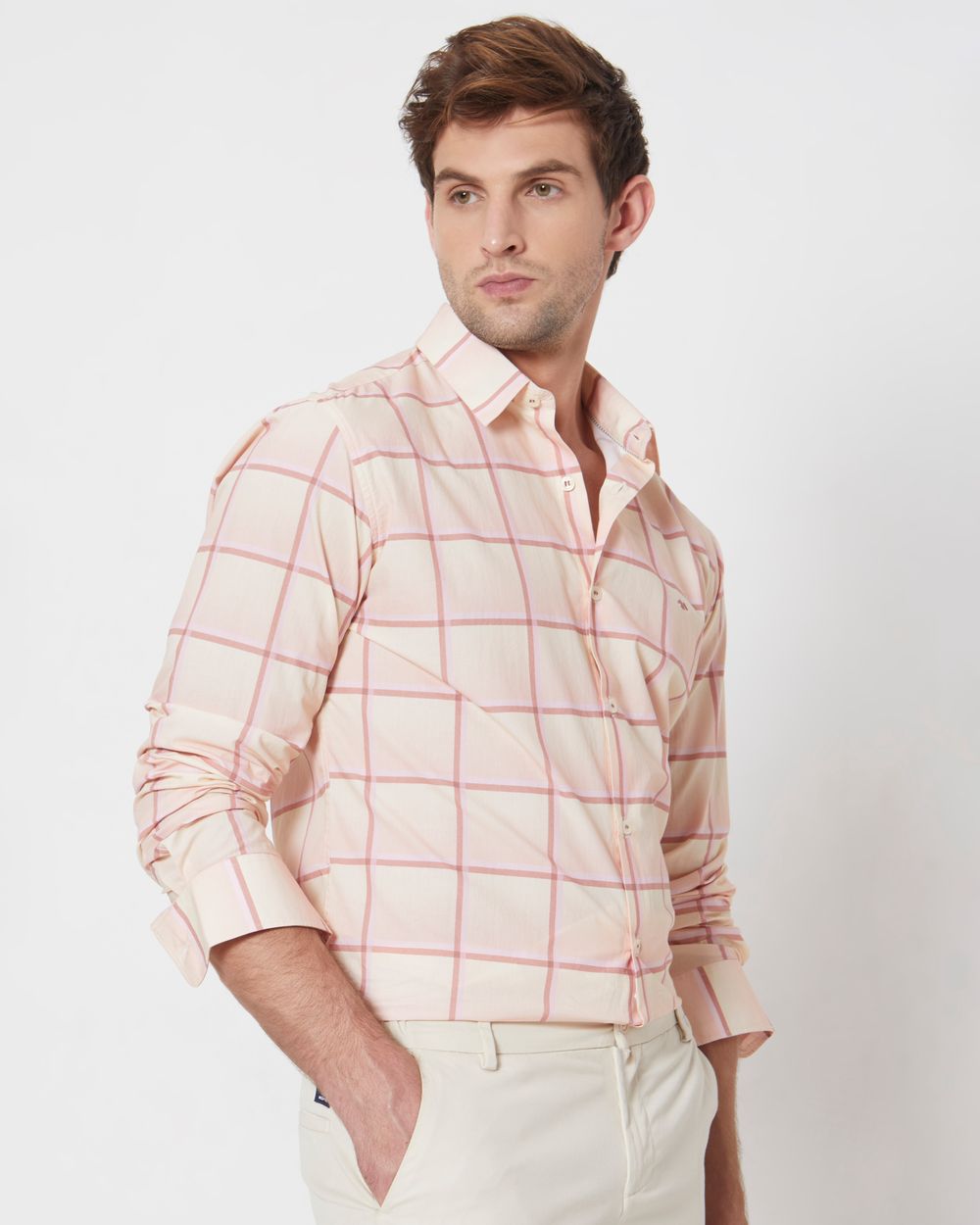 Peach & Light Yellow Printed Check Slim Fit Casual Shirt