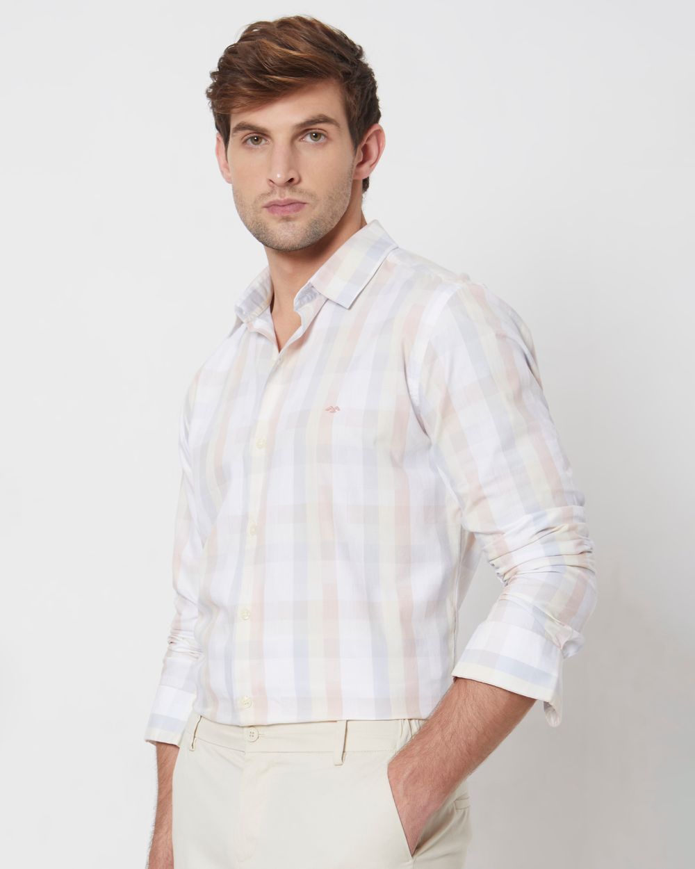 Peach Large Check Slim Fit Casual Shirt