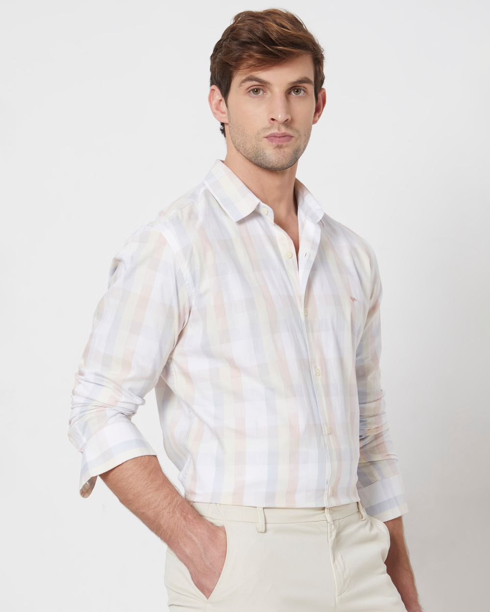 Peach Large Check Slim Fit Casual Shirt