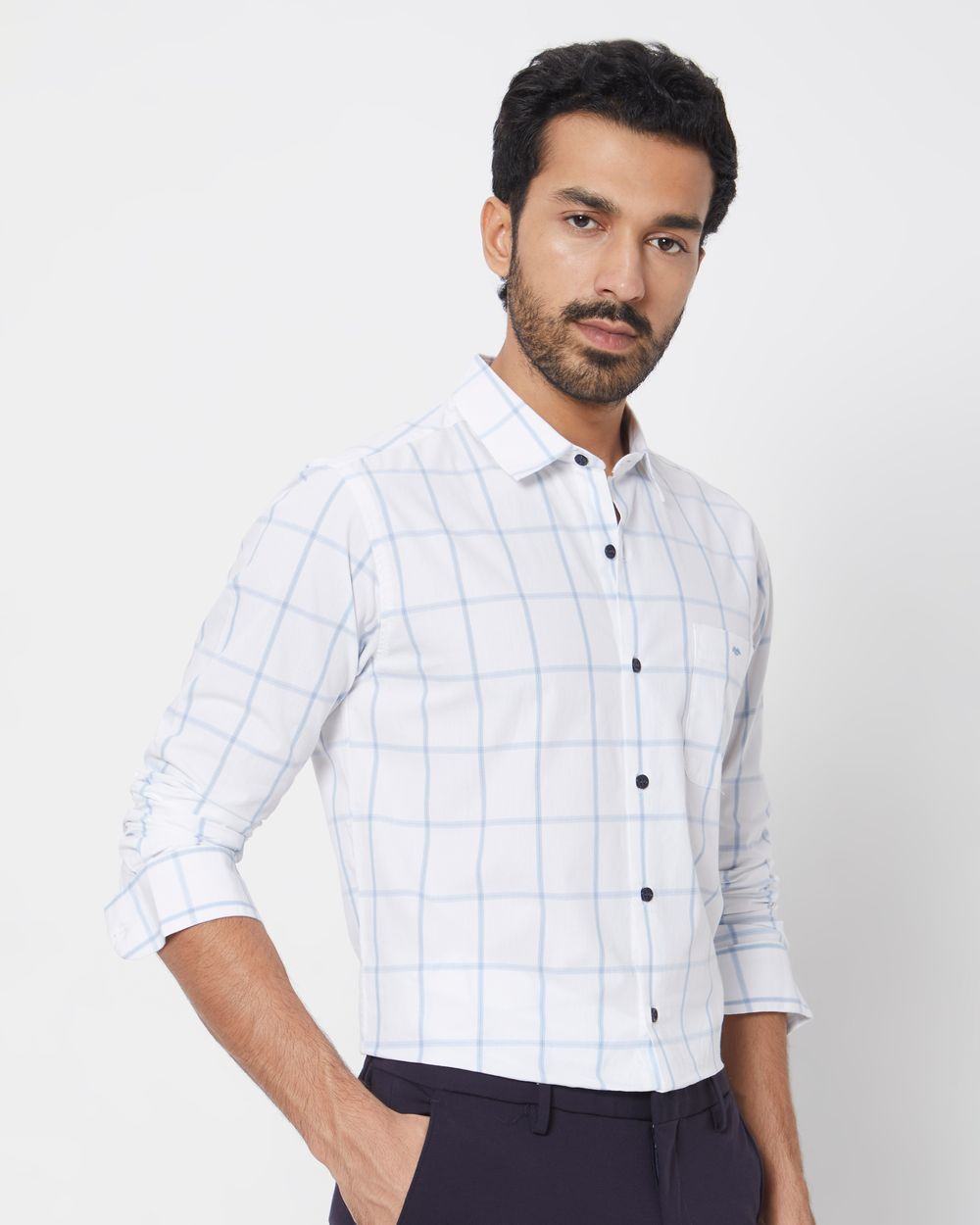 White Windowpane Check Slim Fit Casual Shirt