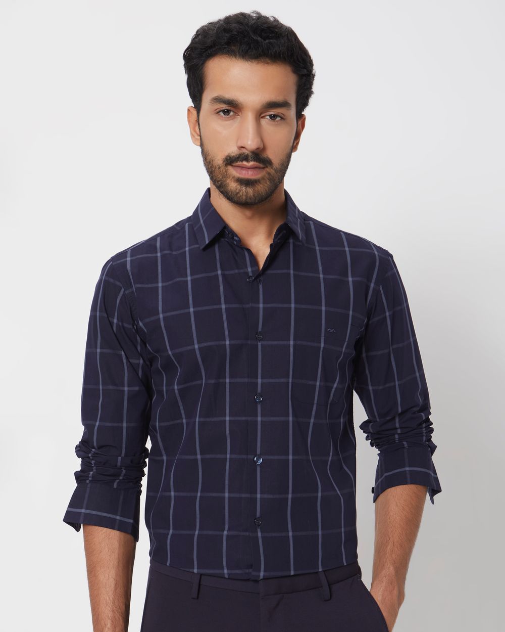 Navy Windowpane Check Slim Fit Casual Shirt