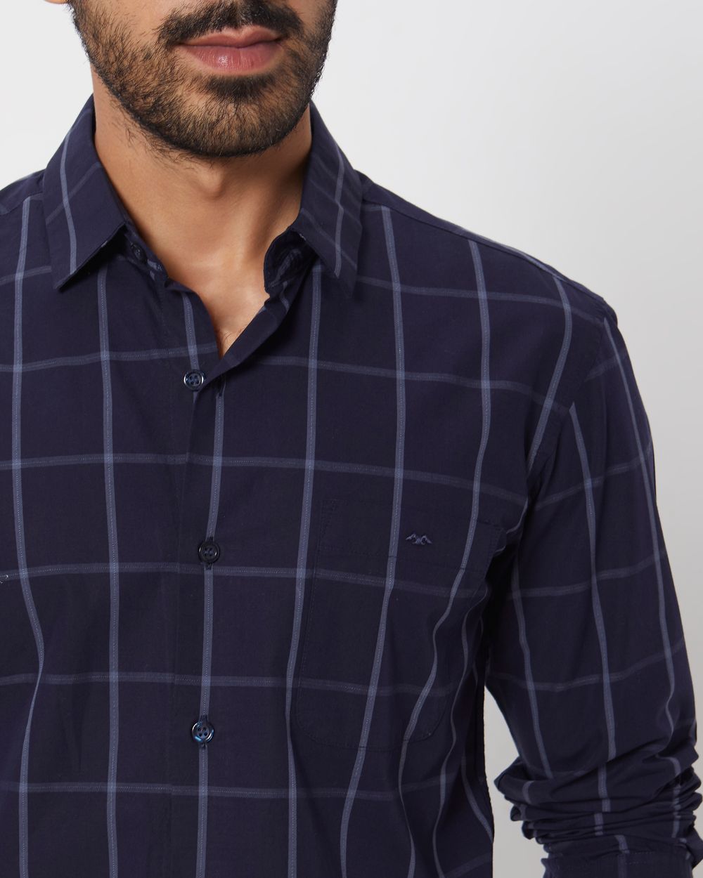 Navy Windowpane Check Slim Fit Casual Shirt