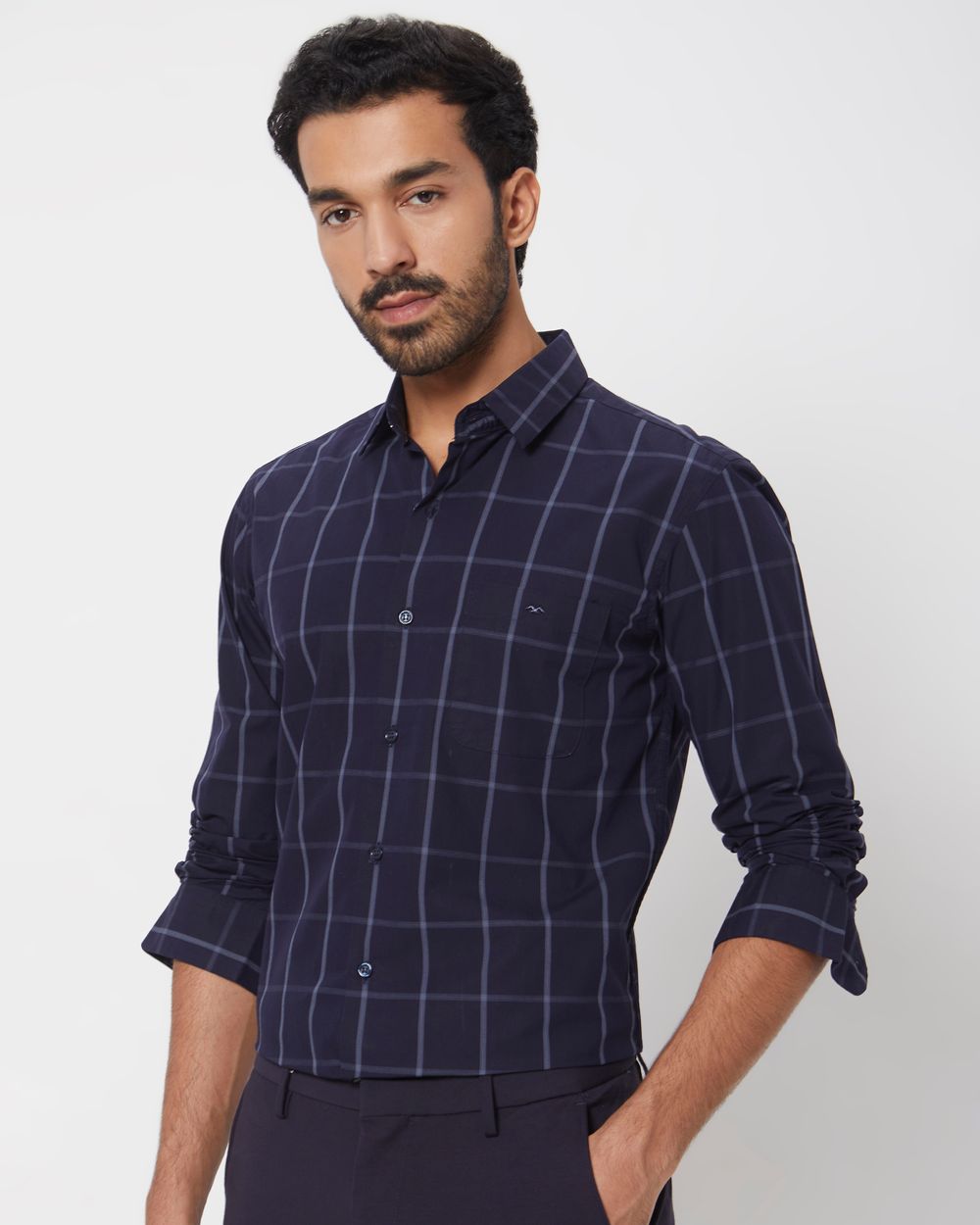 Navy Windowpane Check Slim Fit Casual Shirt