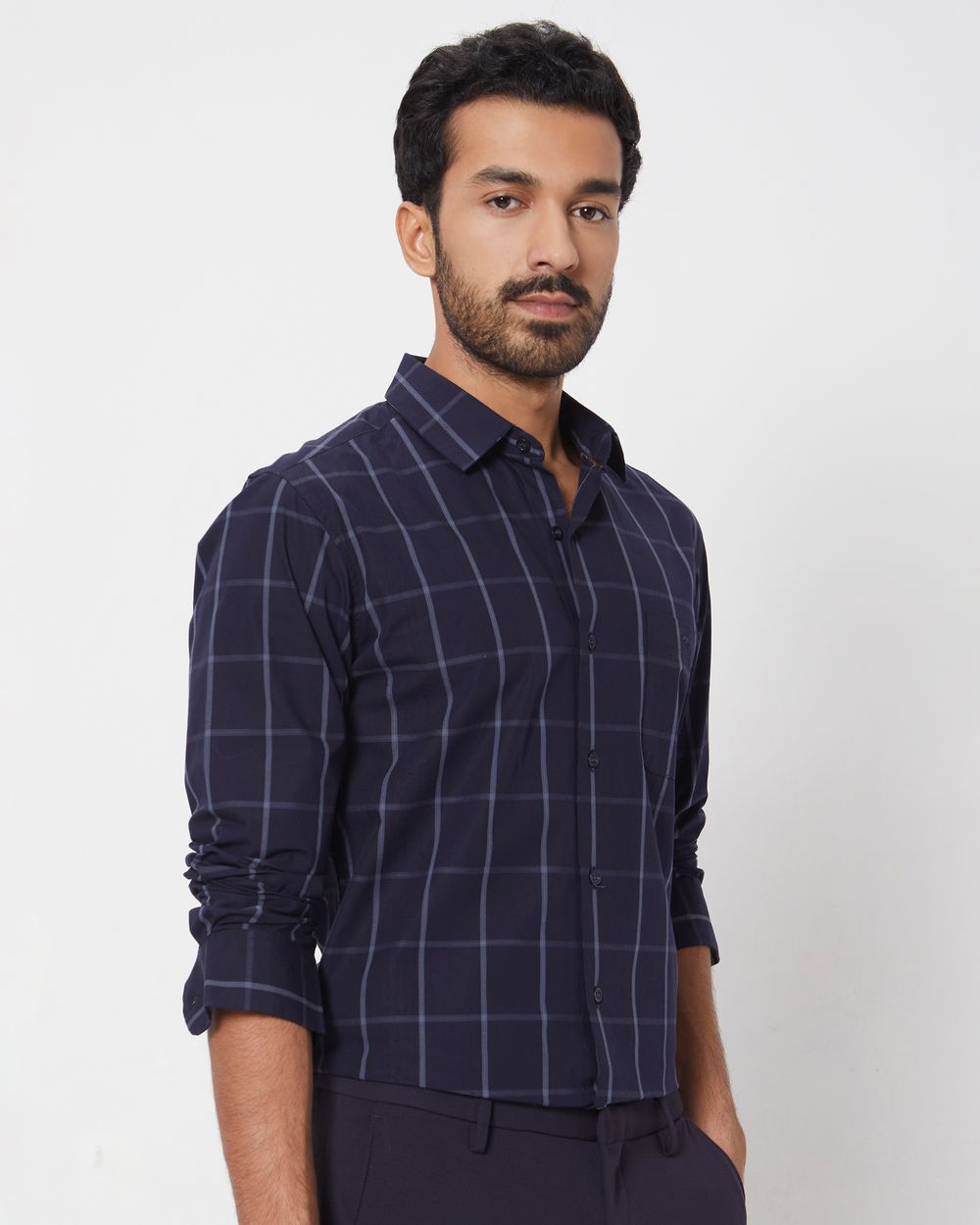Navy Windowpane Check Slim Fit Casual Shirt