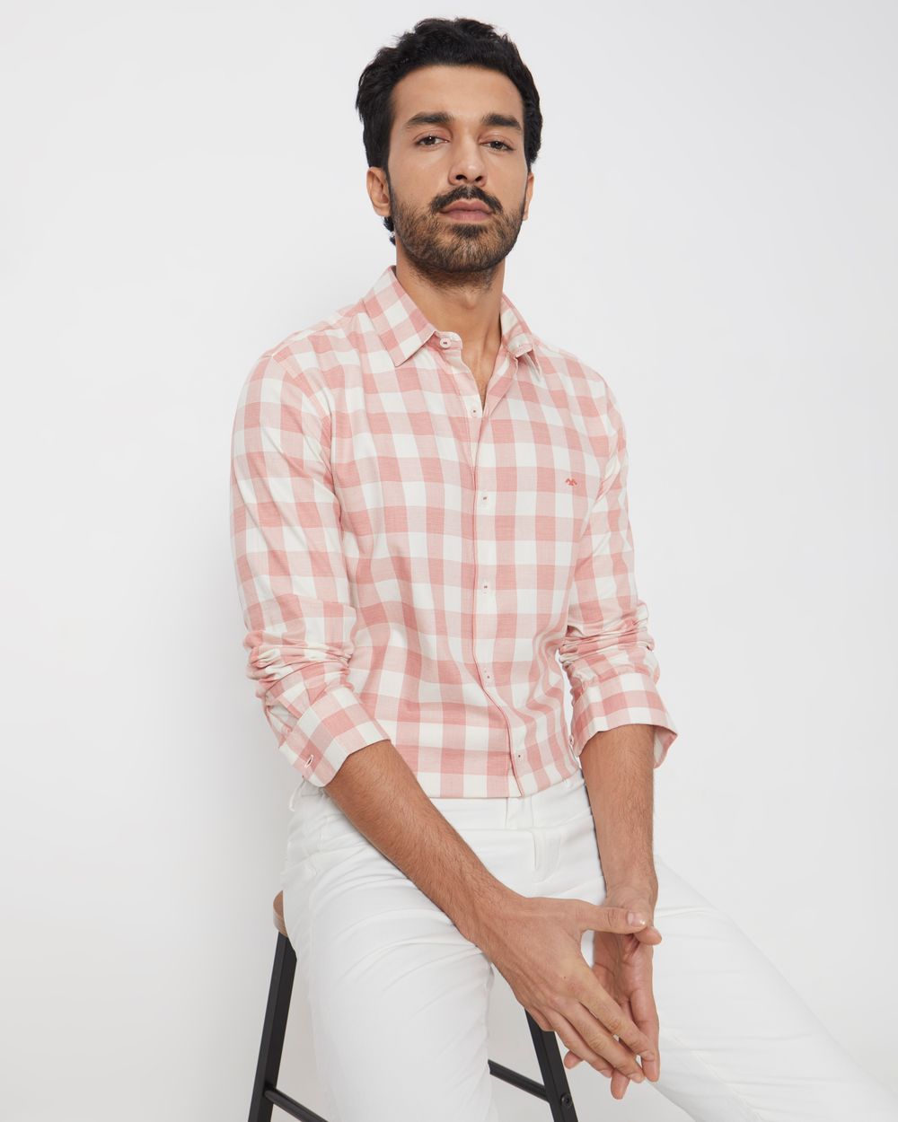 Pink Square Check Slim Fit Casual Shirt