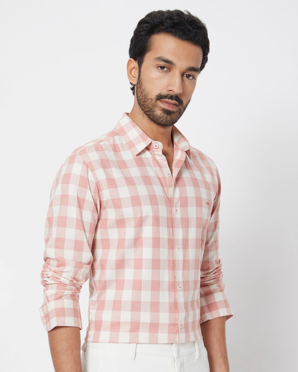 Pink Square Check Slim Fit Casual Shirt