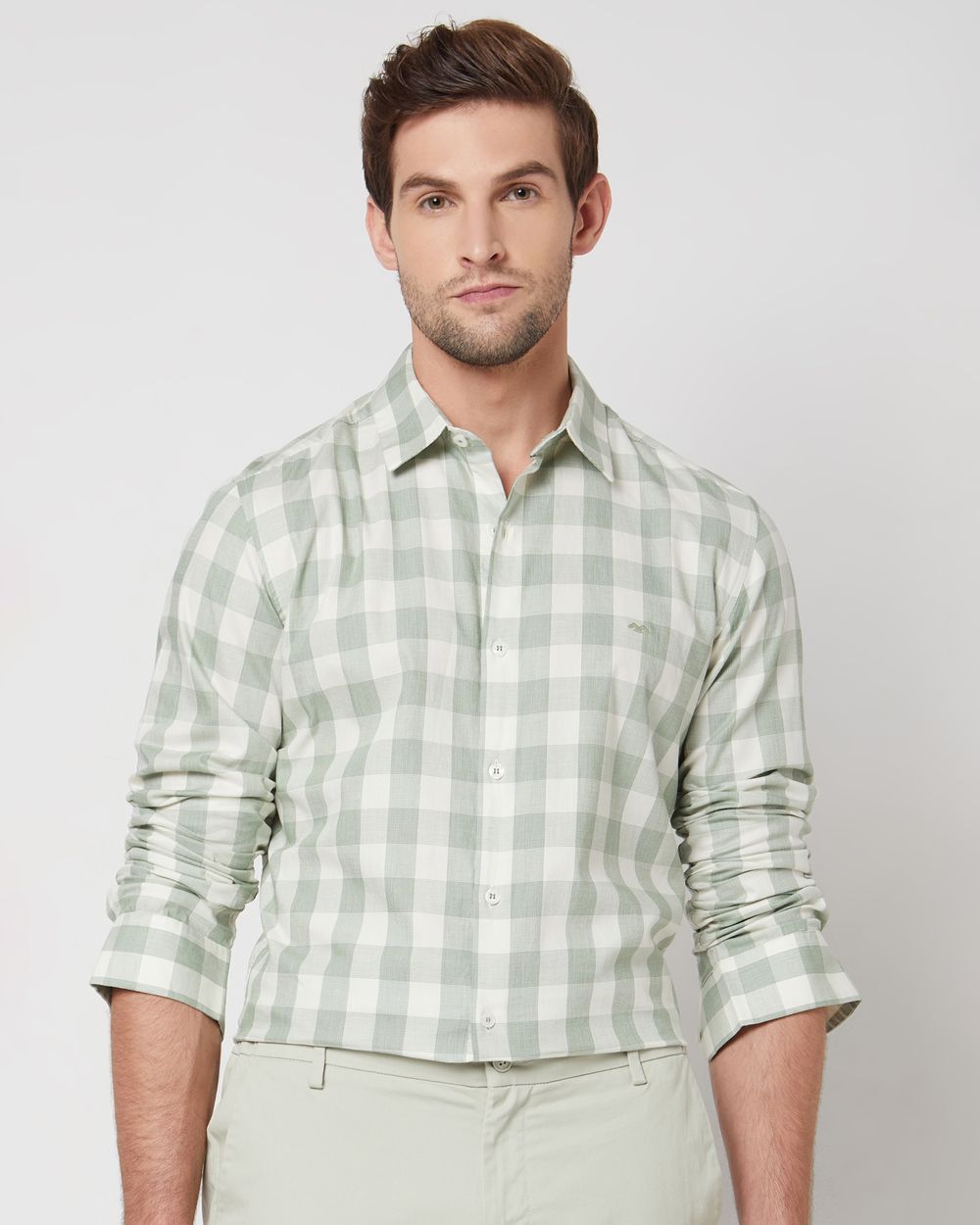 Light Green Square Check Slim Fit Casual Shirt