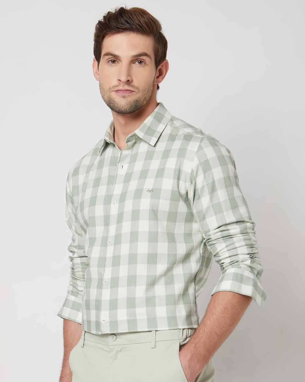 Light Green Square Check Slim Fit Casual Shirt