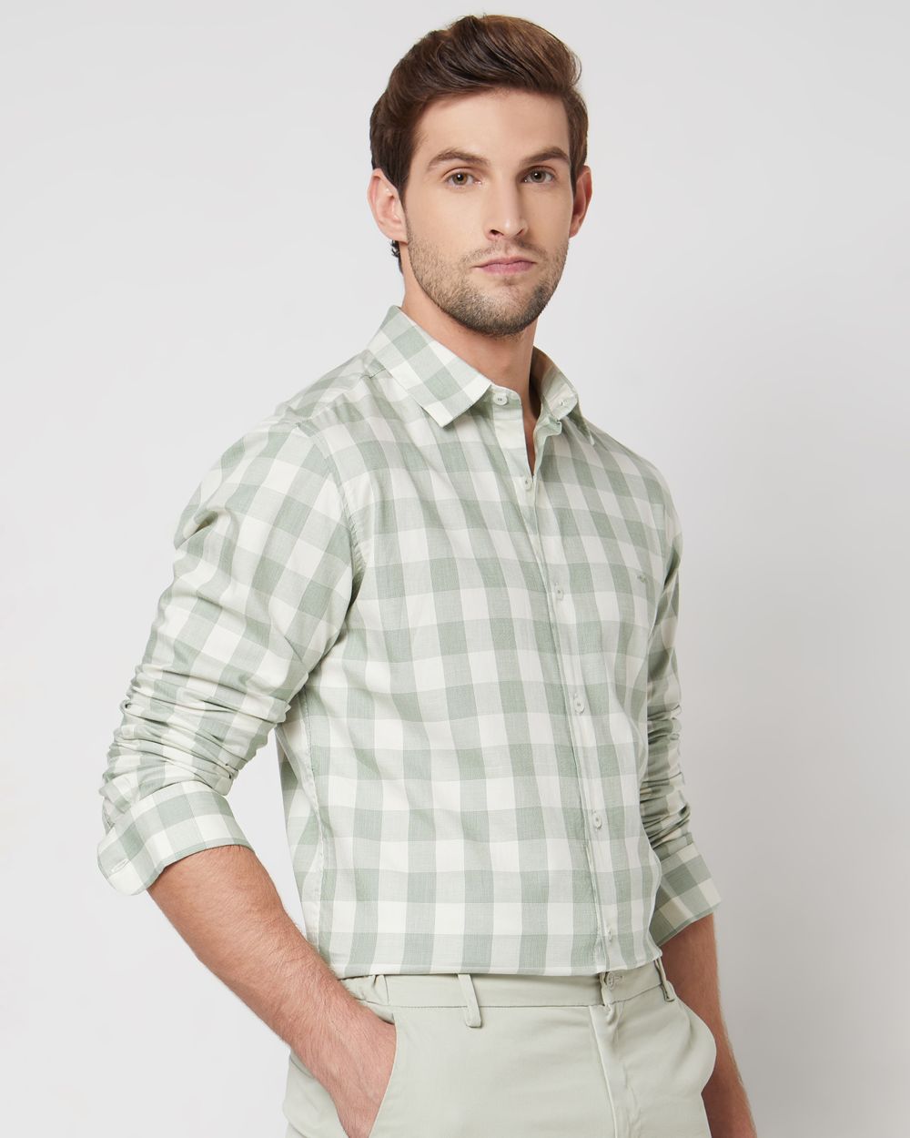 Light Green Square Check Slim Fit Casual Shirt