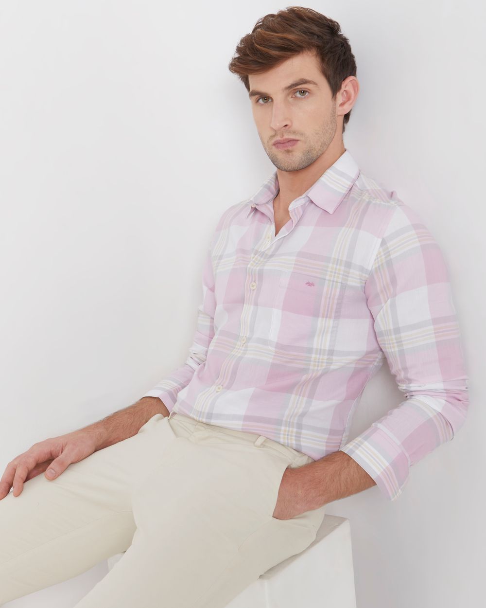 Pastel Pink Large Check Slim Fit Casual Shirt