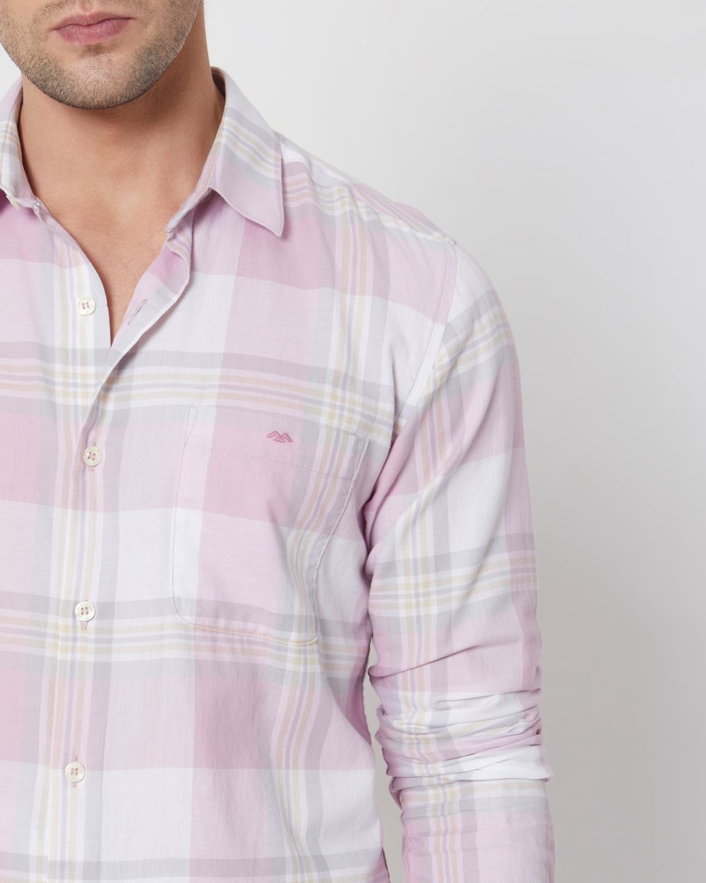 Pastel Pink Large Check Slim Fit Casual Shirt