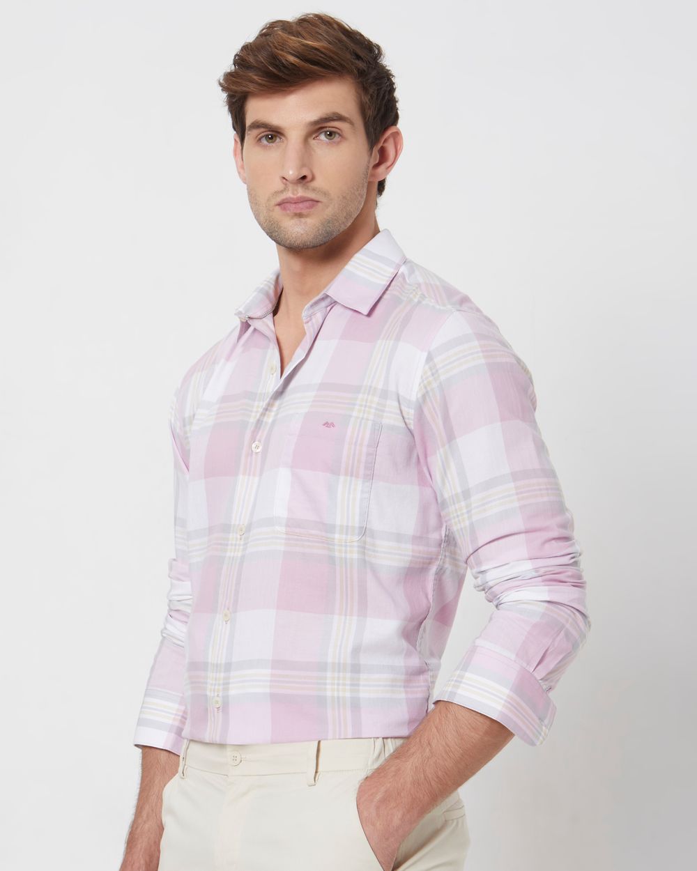 Pastel Pink Large Check Slim Fit Casual Shirt