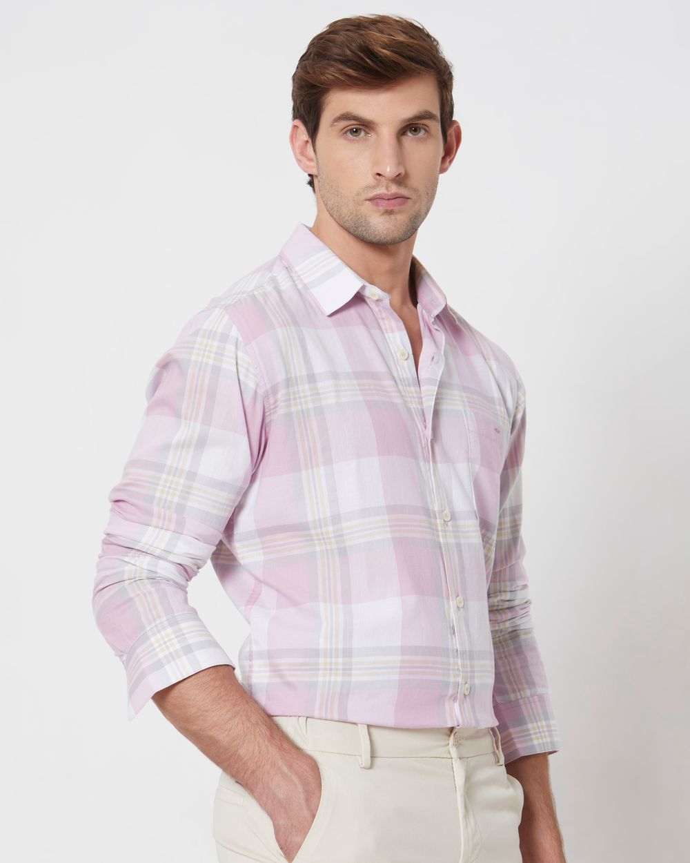 Pastel Pink Large Check Slim Fit Casual Shirt