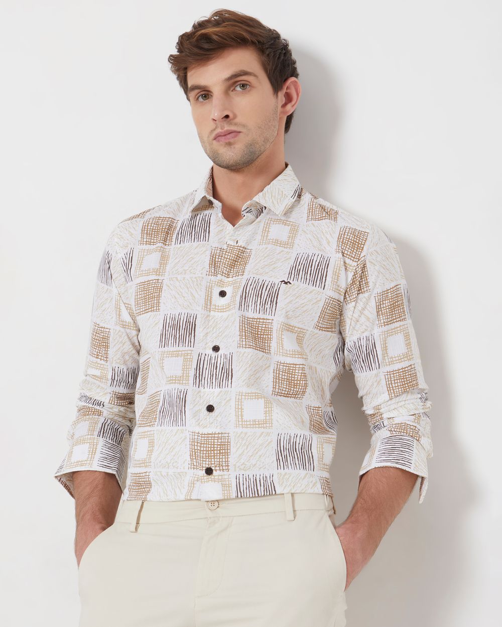 Beige Tonal Print Slim Fit Casual Shirt