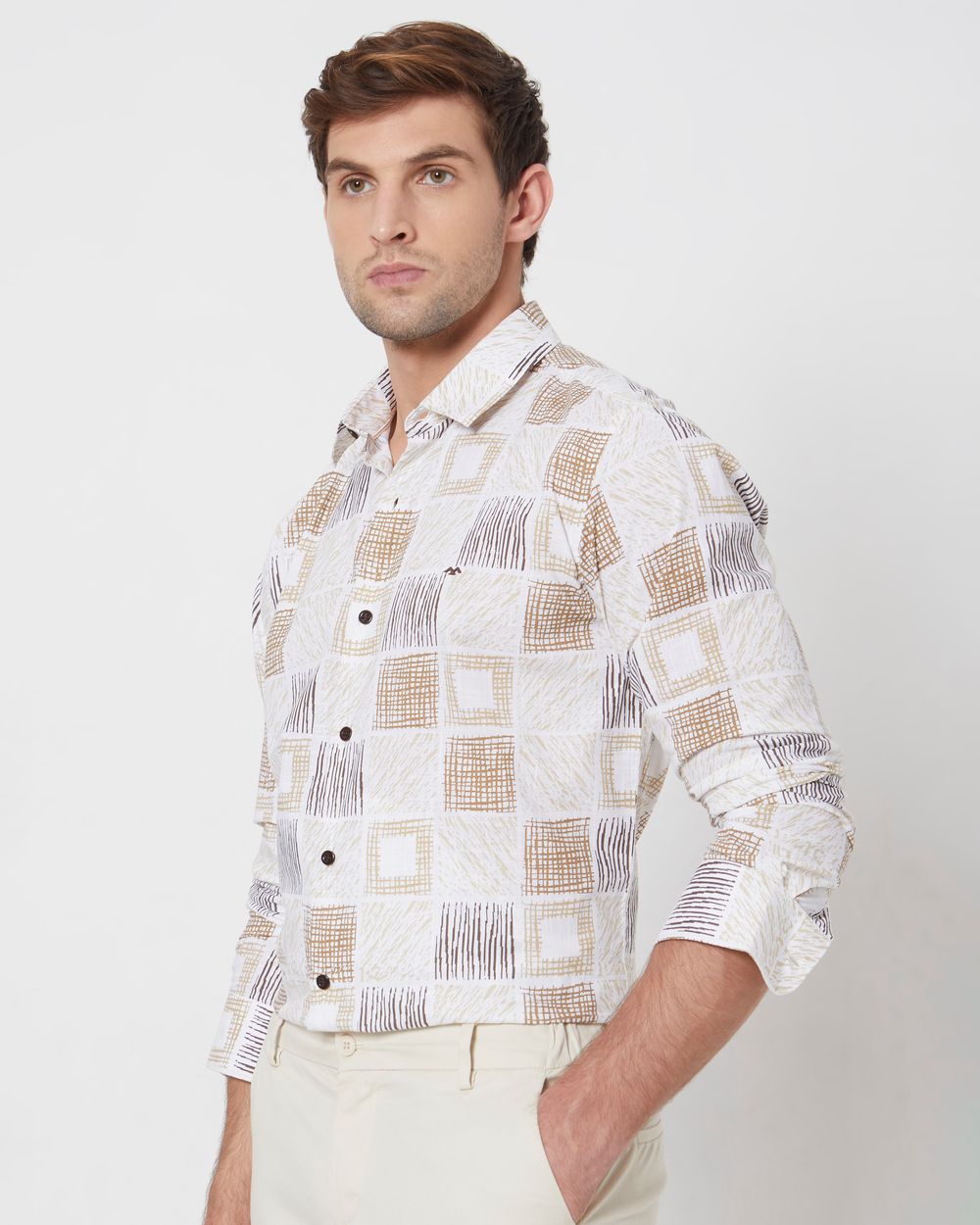 Beige Tonal Print Slim Fit Casual Shirt
