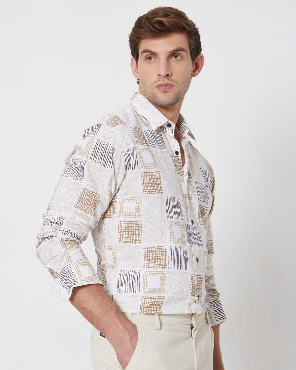 Beige Tonal Print Slim Fit Casual Shirt