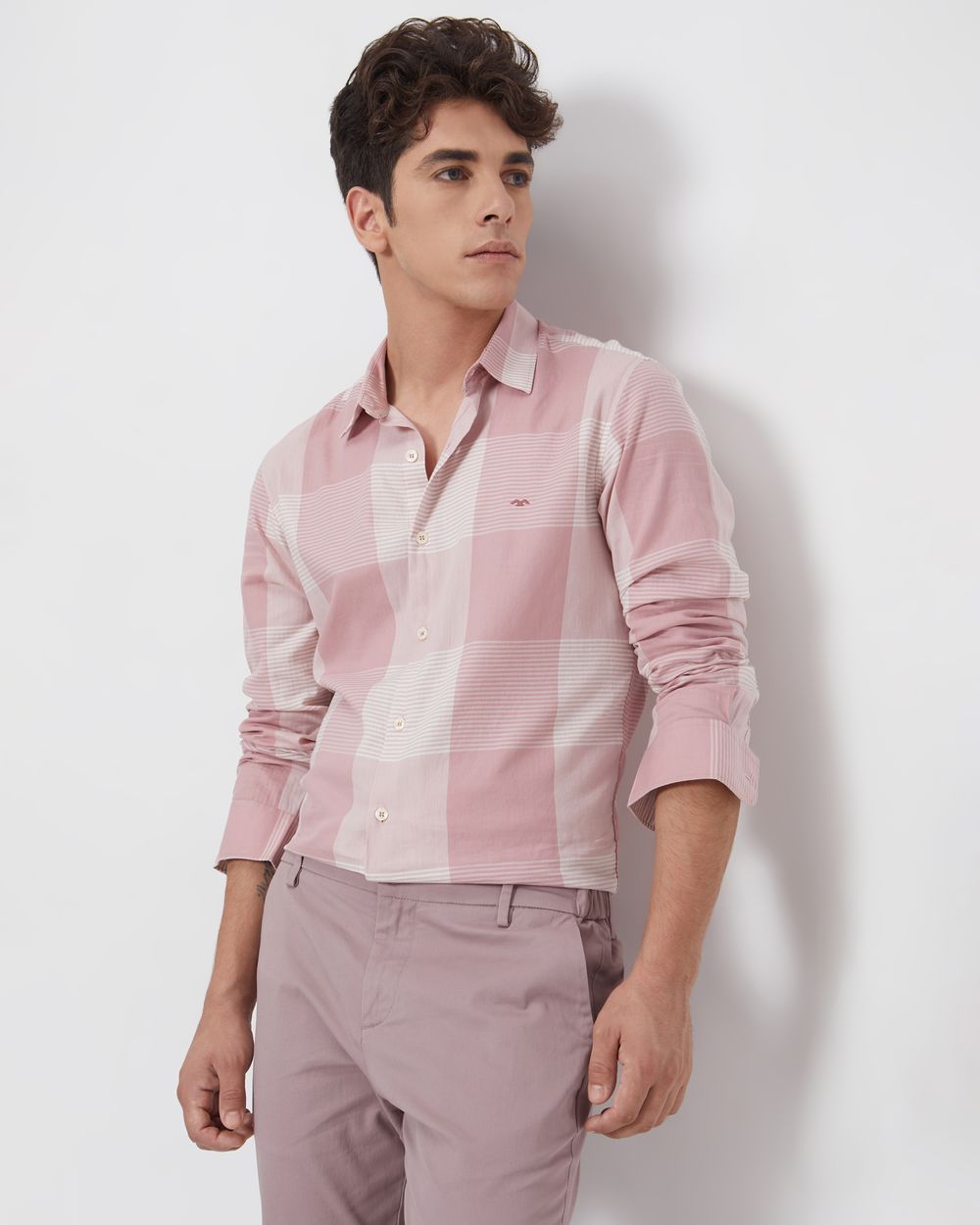 Pink & White Large Check Slim Fit Casual Shirt