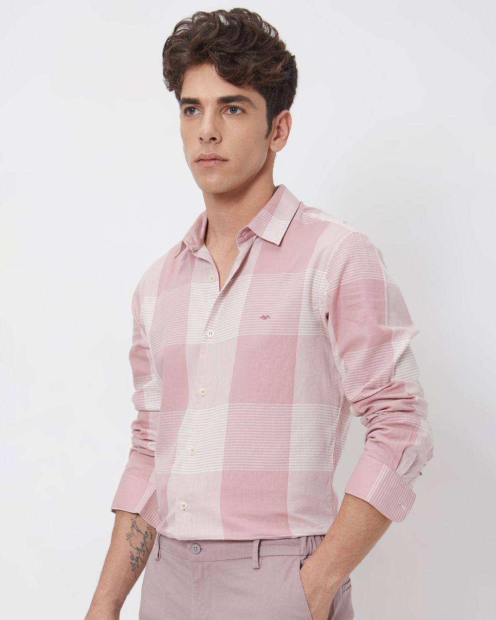 Pink & White Large Check Slim Fit Casual Shirt