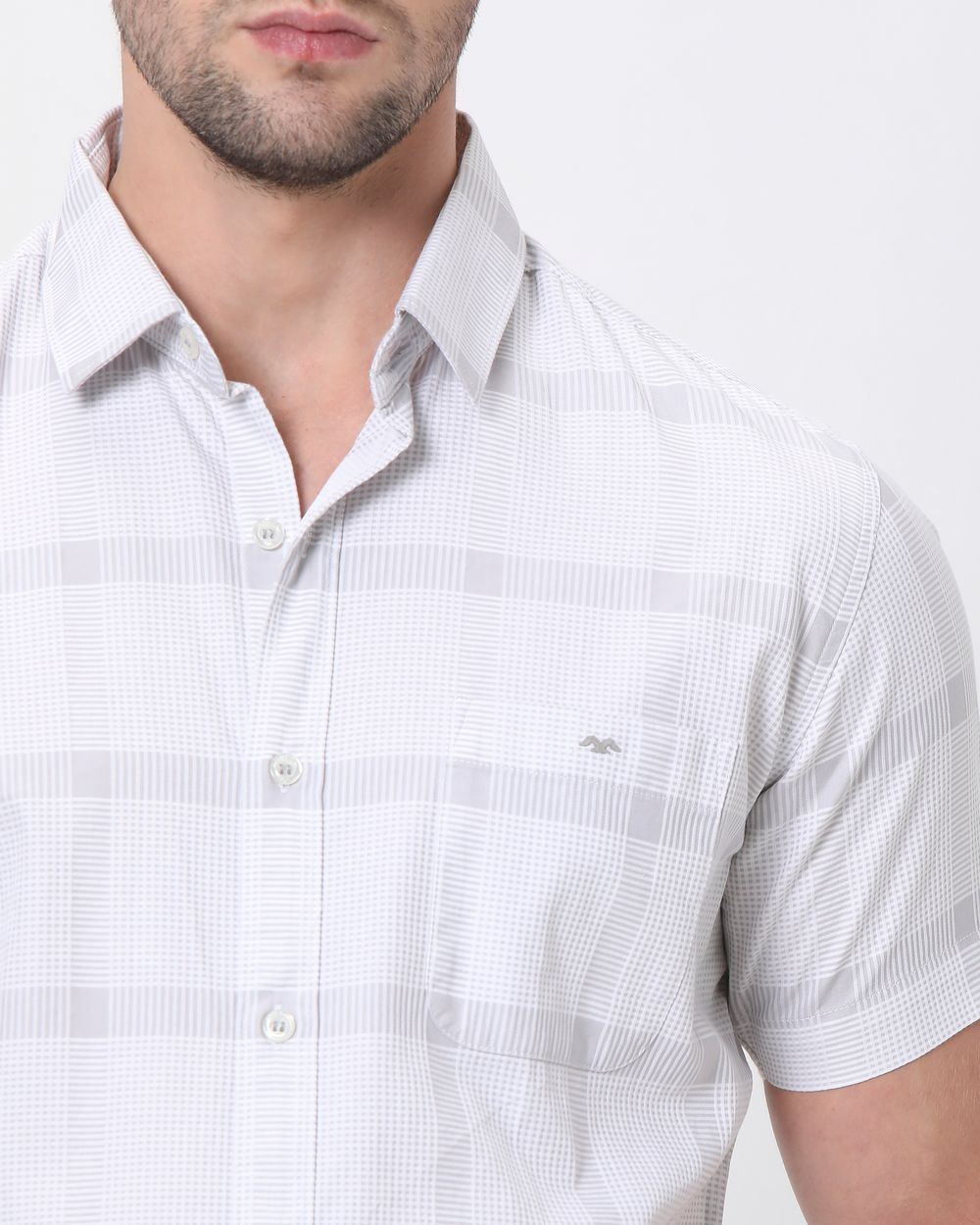 Light Grey Textured Check Slim Fit Casual Shirt