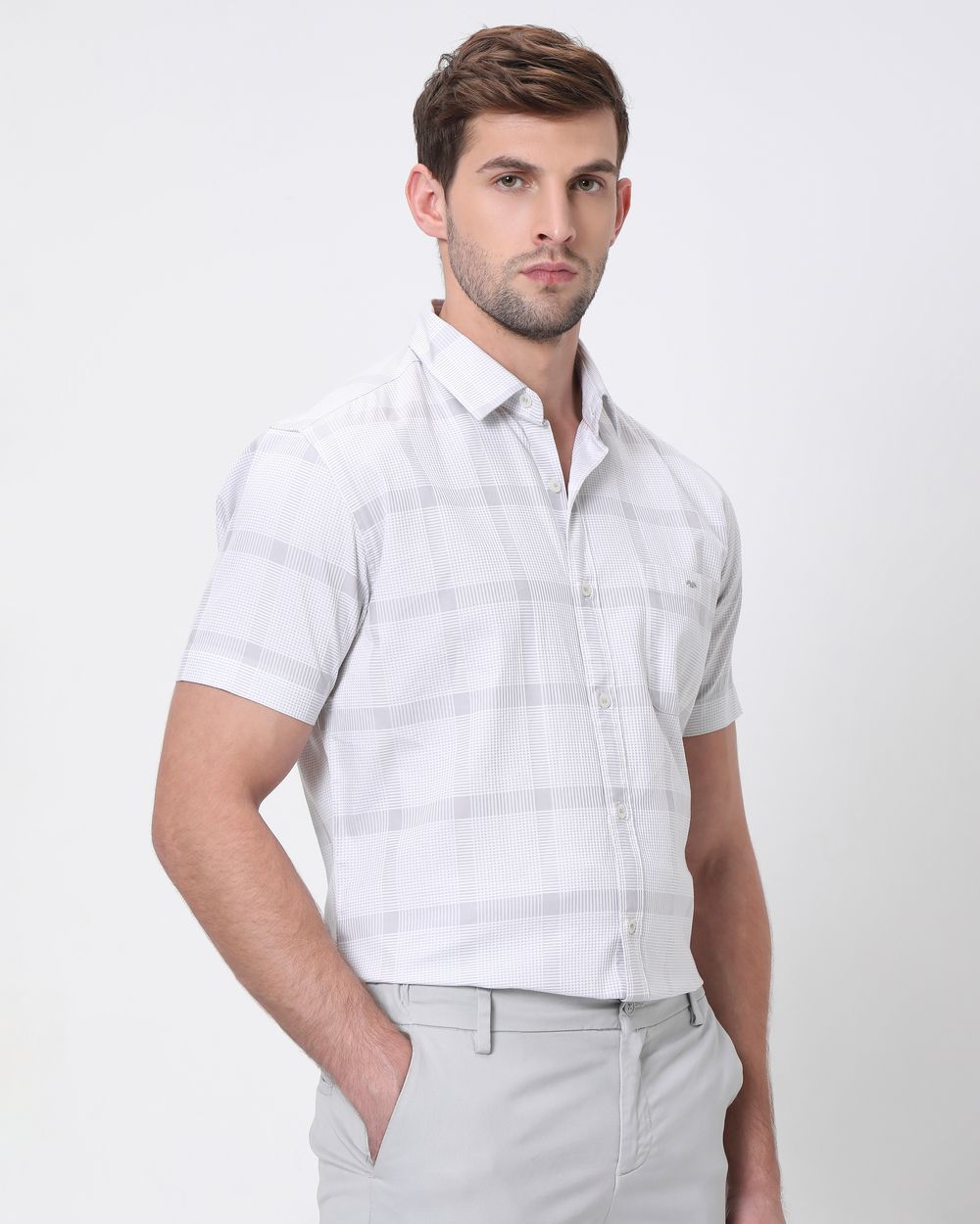 Light Grey Textured Check Slim Fit Casual Shirt
