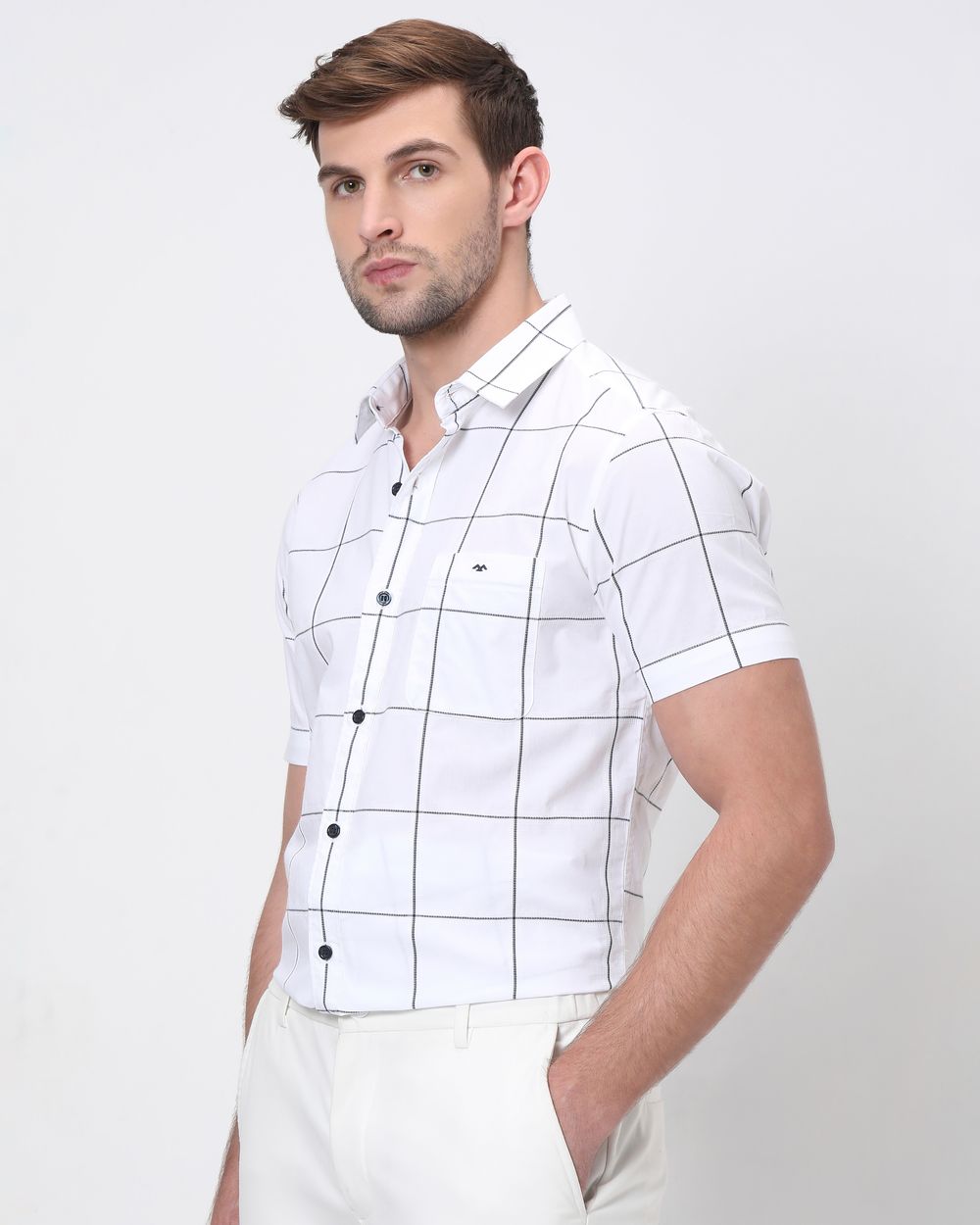 White Windowpane Check Slim Fit Casual Shirt