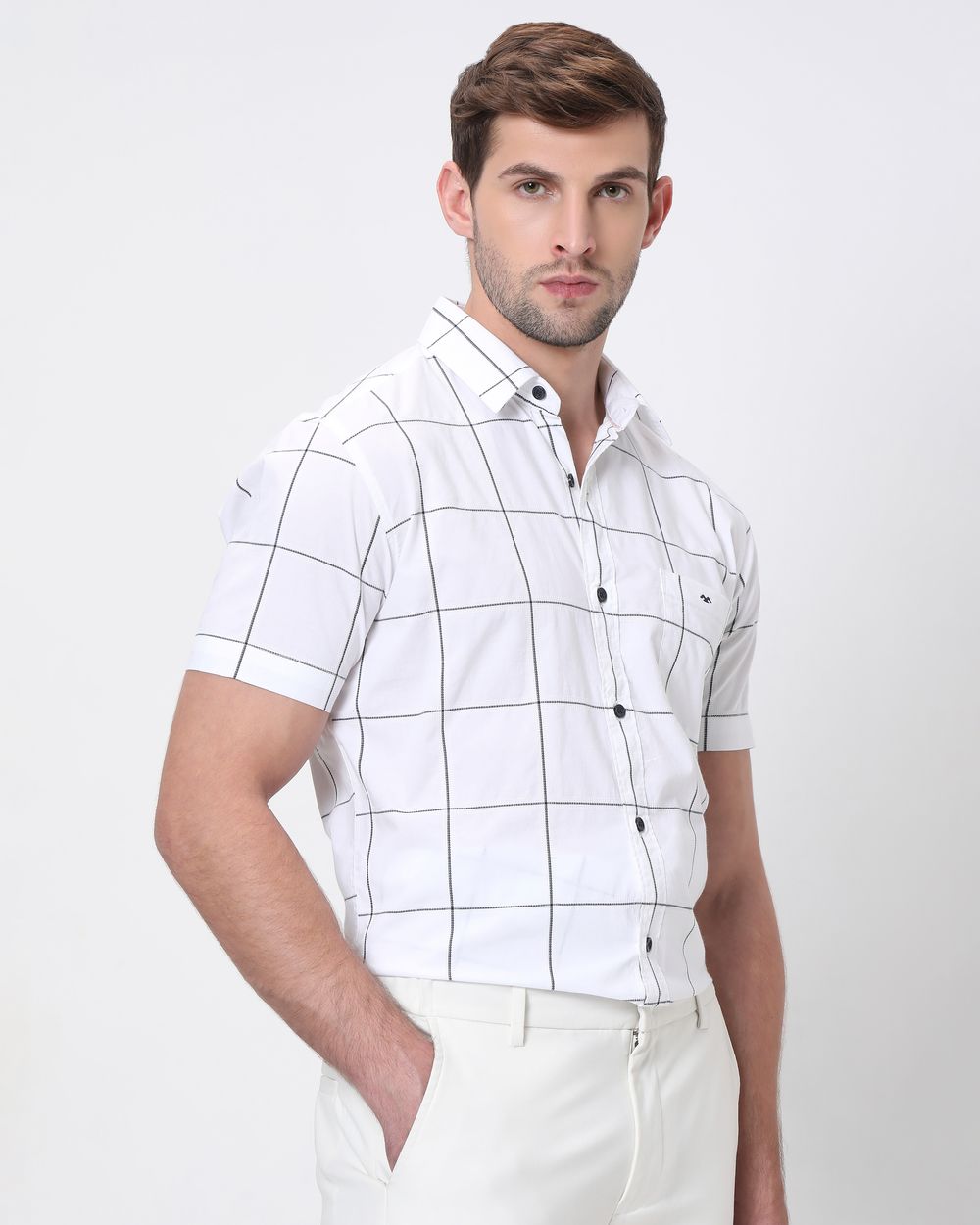 White Windowpane Check Slim Fit Casual Shirt